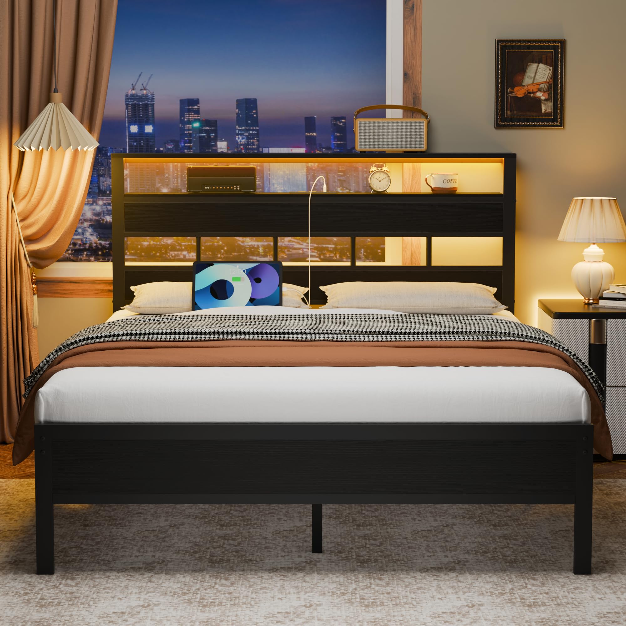 Full Size Bed Frame with LED Light and Charging Station, Wood Storage Headboard with 2-Tier Shelves, Metal Platform Bed with Heavy Duty Slat