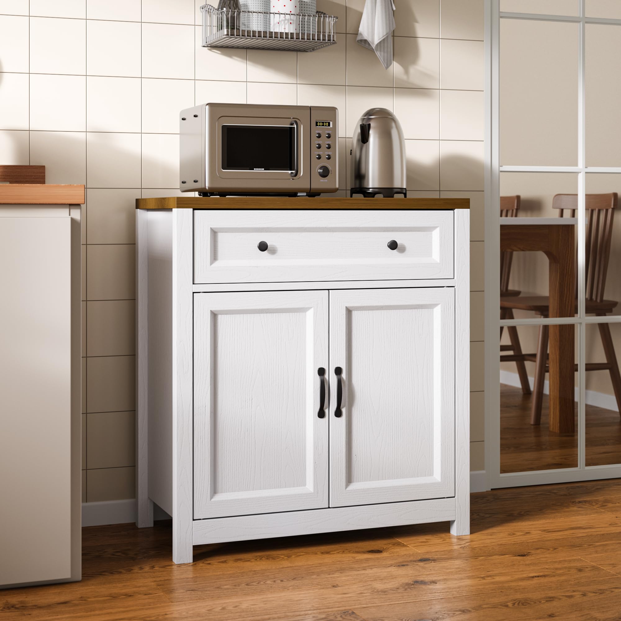 Kitchen Storage Cabinet with Adjustable Shelf, Farmhouse Coffee Bar Sideboard Buffet with Large Drawer, Barn Door, 30"W x 15.6"D x 33.3"H