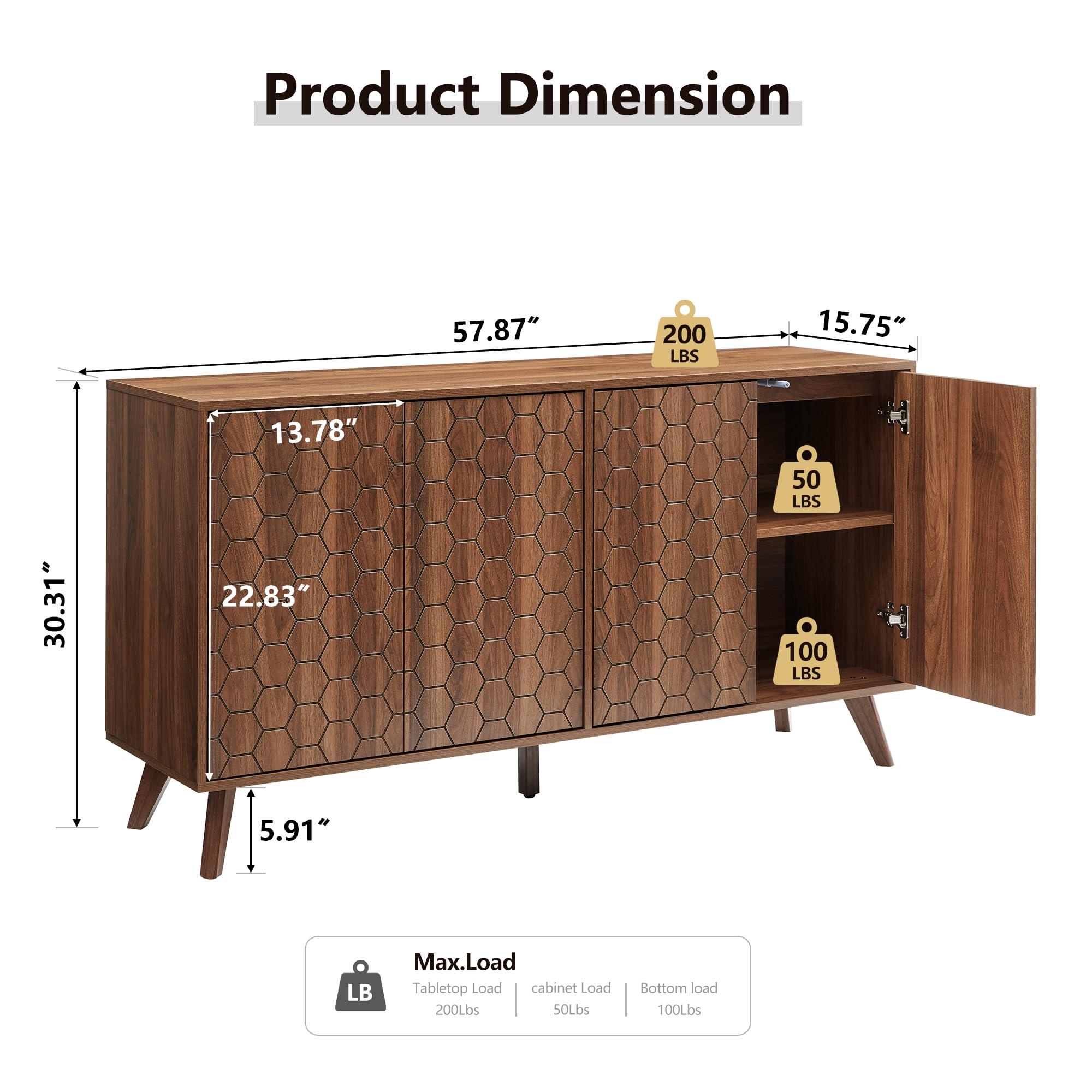 58'' Large Sideboard Buffet Cabinet with Storage, Mid Century Modern Storage Cabinet with 4 Doors & Shelves, Wooden Credenza Coffee Bar TV