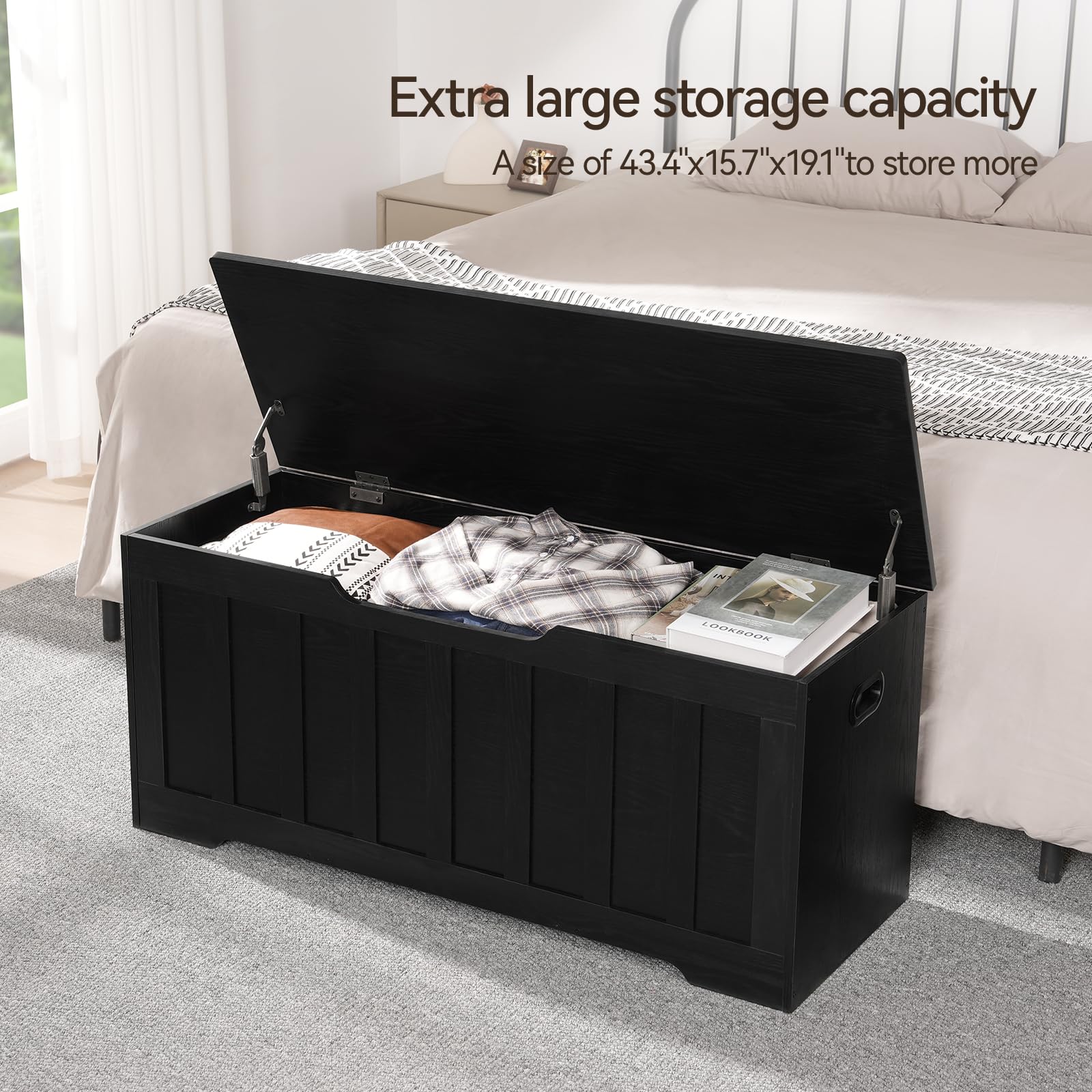 43.3" Extra Large Storage Chest Bench, Wooden Trunk with 2 Safety Hinges, Shoe Bench for Bedroom, Entryway, Living Room, Easy Assembly, Black