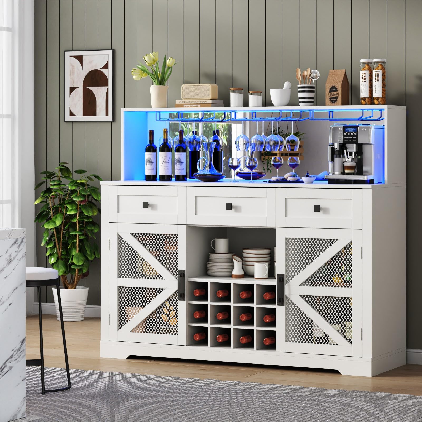 Wine Bar Cabinet with LED Light, Kitchen Buffet with Storage Cabinet & 3 Sliding Drawers, Adjustable Shelf, Goblet Holder, Acrylic Mirror