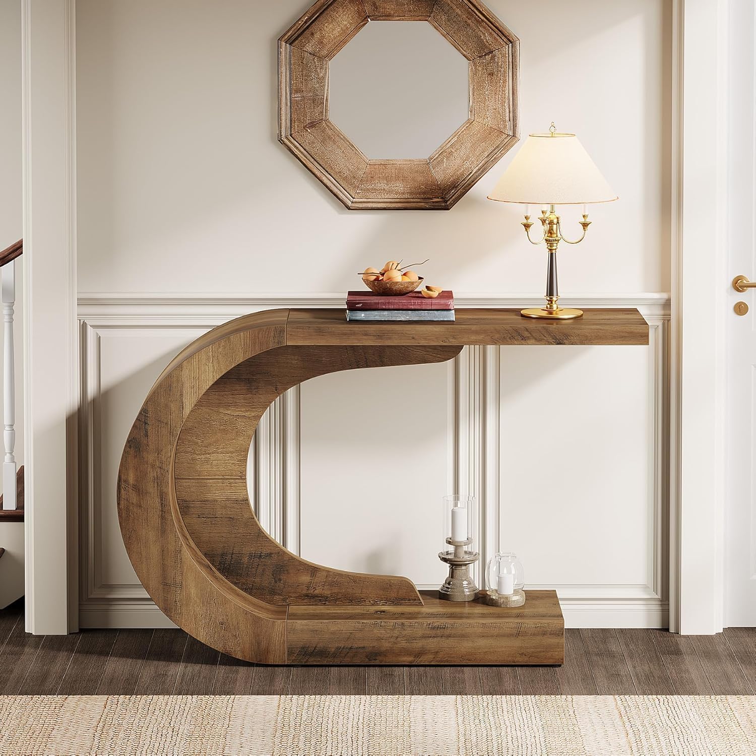 43.3" Mid-Century Modern Console Table for Entryway, Wood C-Shaped Hallway Entry Accent Table for Living Room, Entrance, Foyer, Easy Assembly, Brown