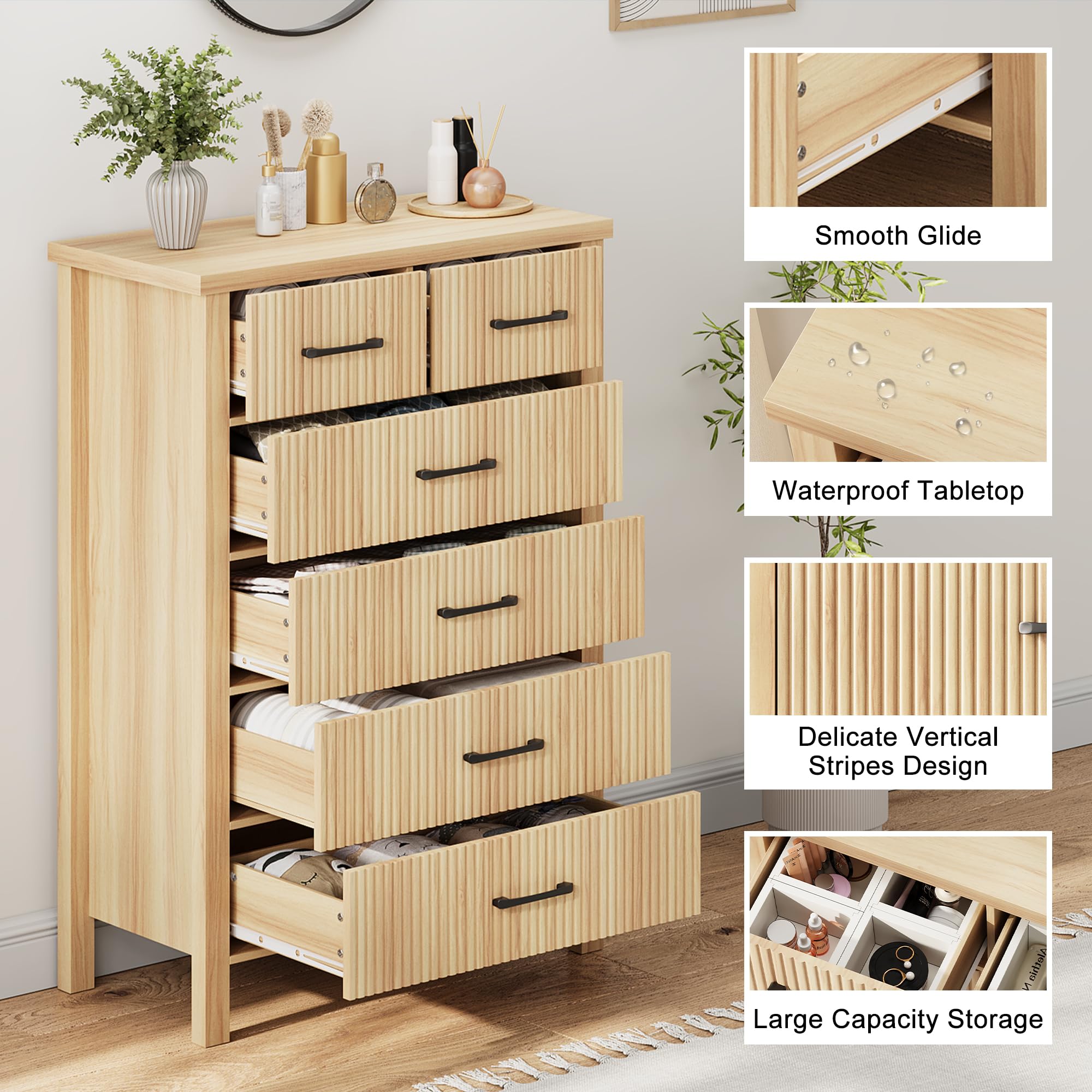 Fluted 6 Drawers Dresser for Bedroom, Tall Boho Chest of Drawers with Metal Handle, Wooden Closet Clothes Storage Organizer for Living Room, Hallway (Natural Oak)