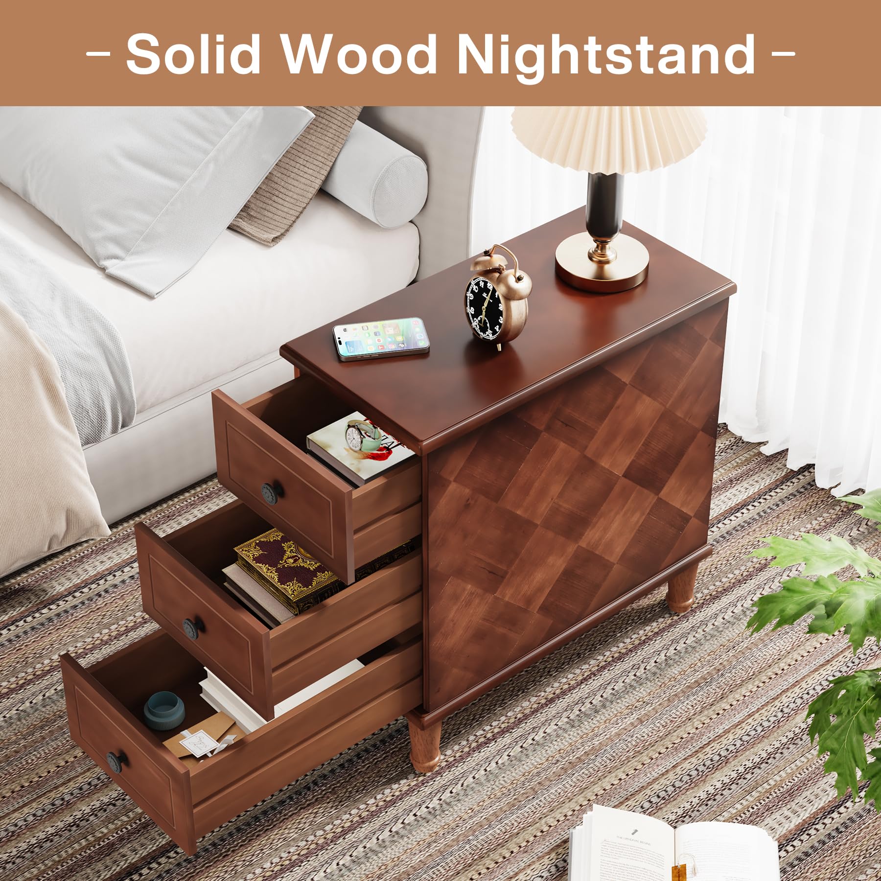 Solid Wood End Table, Fully Assembled Slim Side Table with Drawers, Narrow Nightstand for Small Spaces, Bedroom, Living Room, Brown