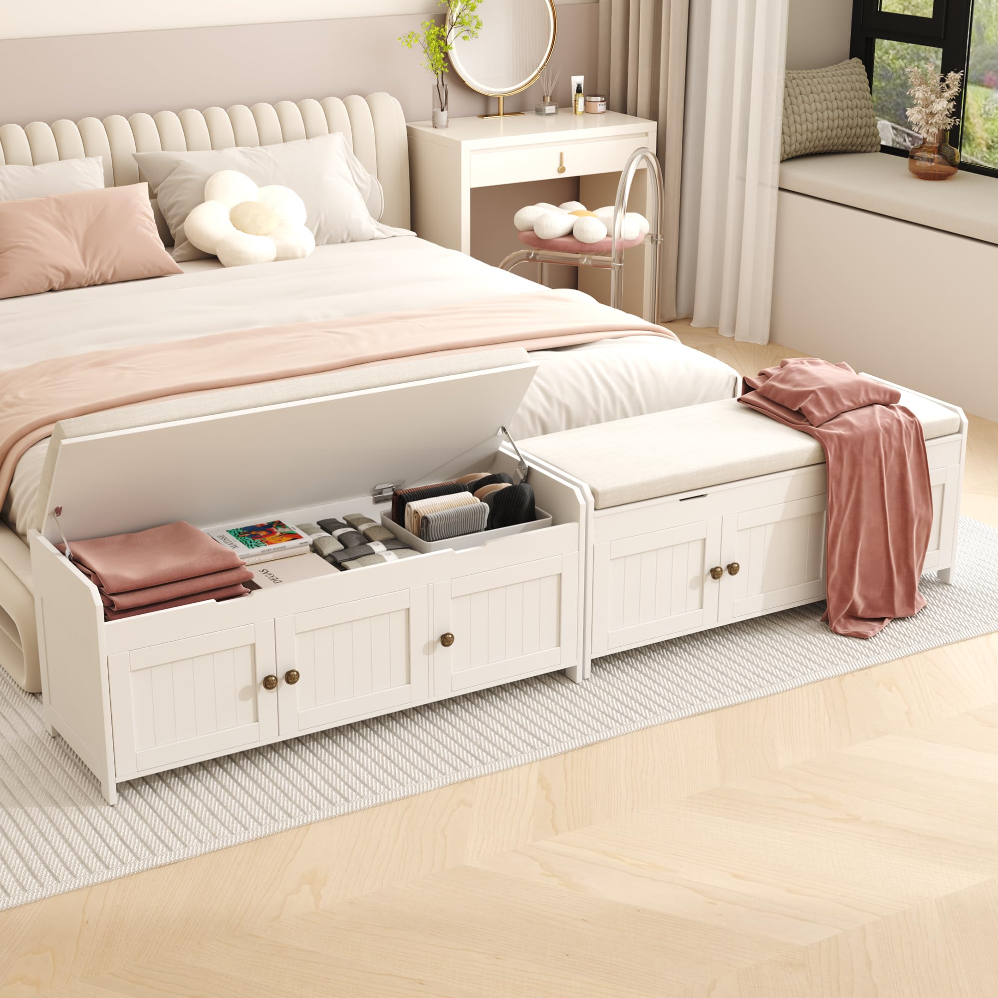 41.3" Shoe Bench with Lift-Top Storage, Cushioned Entryway Bench, Hidden Storage Cabinet for Bedroom, Hallway, End of Bed, White
