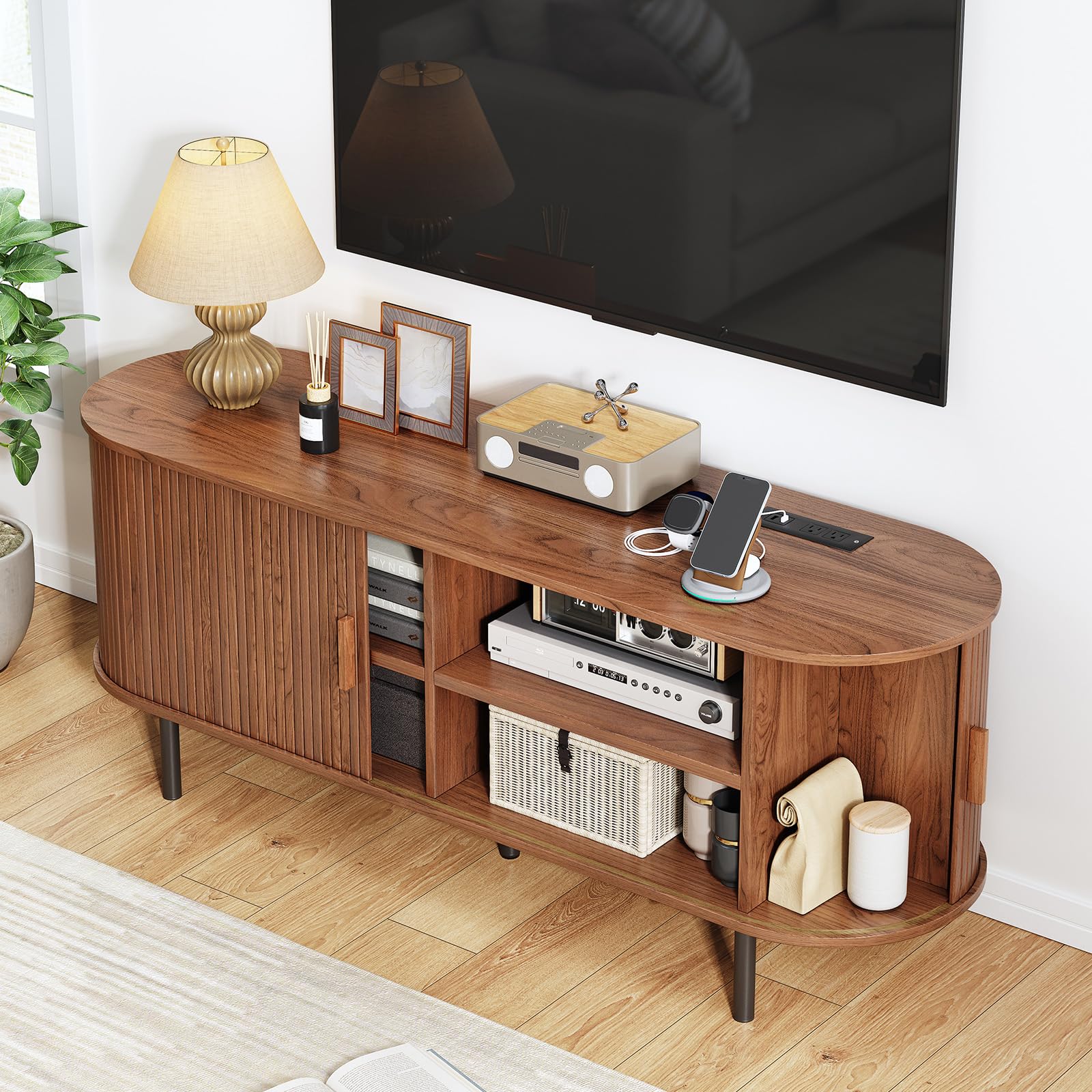 Mid-Century Modern TV Stand with Power Outlet, Media Console with Sliding Doors & Adjustable Shelves, Entertainment Center for TVs up to 60", Walnut