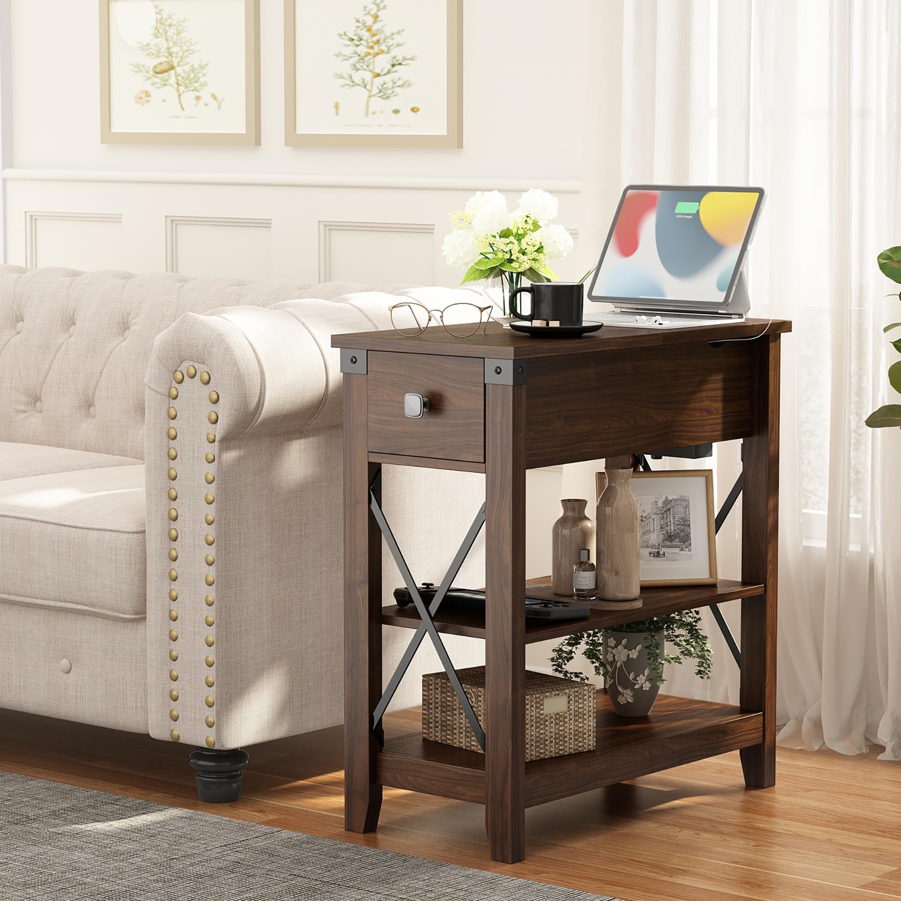 Set of 2 Narrow End Tables with Charging Station, USB Ports & Outlets, Farmhouse Slim Nightstands with Flip Top Drawer, Walnut Finish