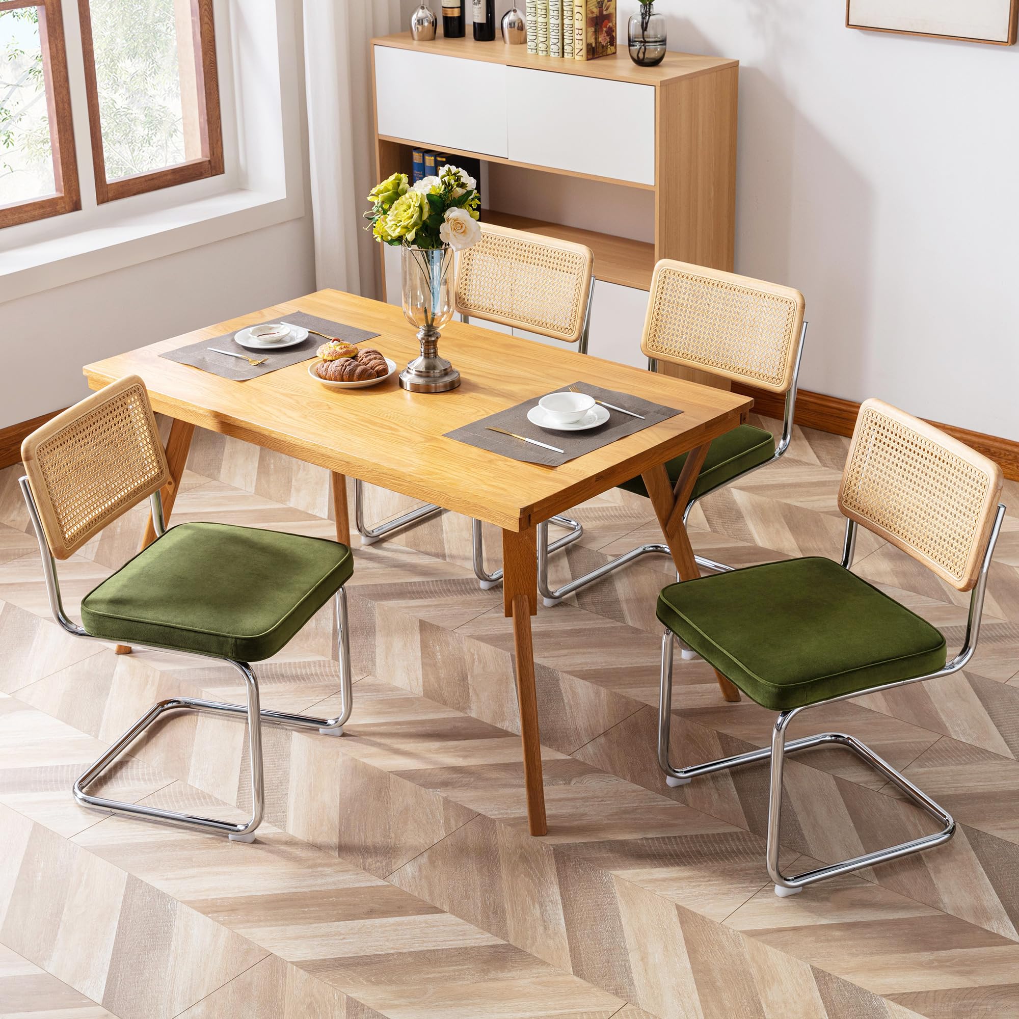 Natural Rattan Dining Chairs Set of 2, Modern Boho Kitchen Chairs with Solid Wood Back & Chrome Base, Mid Century Breuer Design Inspired