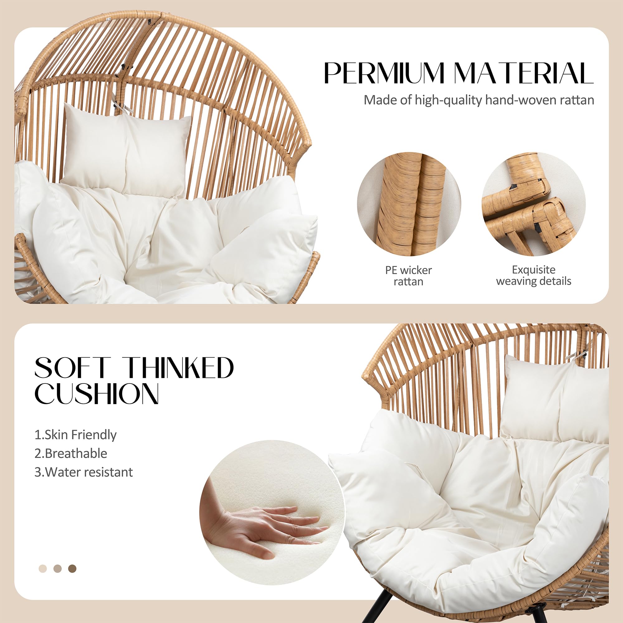 Egg Chair Wicker Outdoor Chairs, Oversized Patio Lounger with Cushion for Indoor Living Room, Bedroom, Backyard, Balcony, Beige