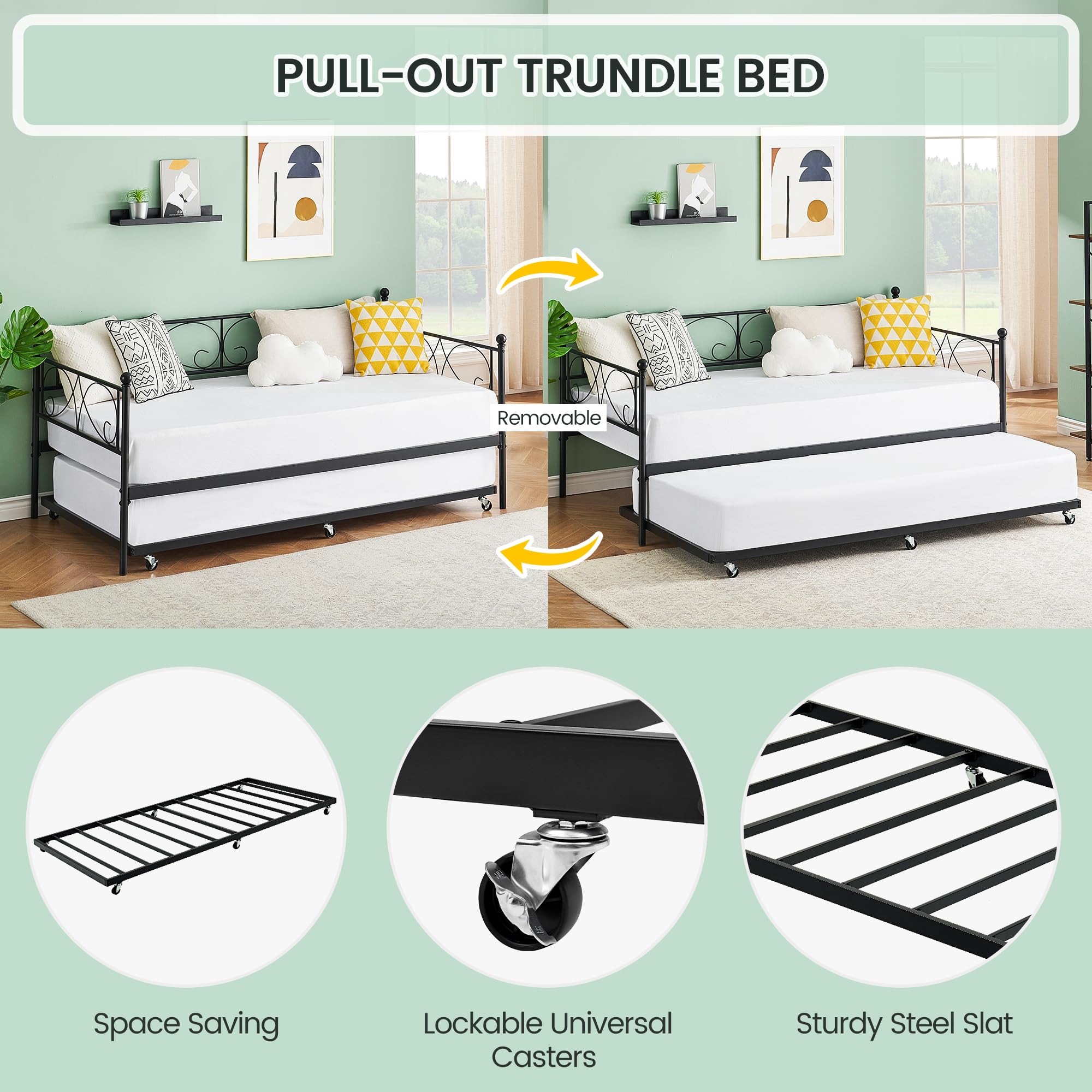 Twin Daybed with Trundle, Metal Trundle Bed, Sofa Bed Frame, Heavy Duty Metal Slats, for Living Room, Bedroom, Guest Room, Space Saving, Black