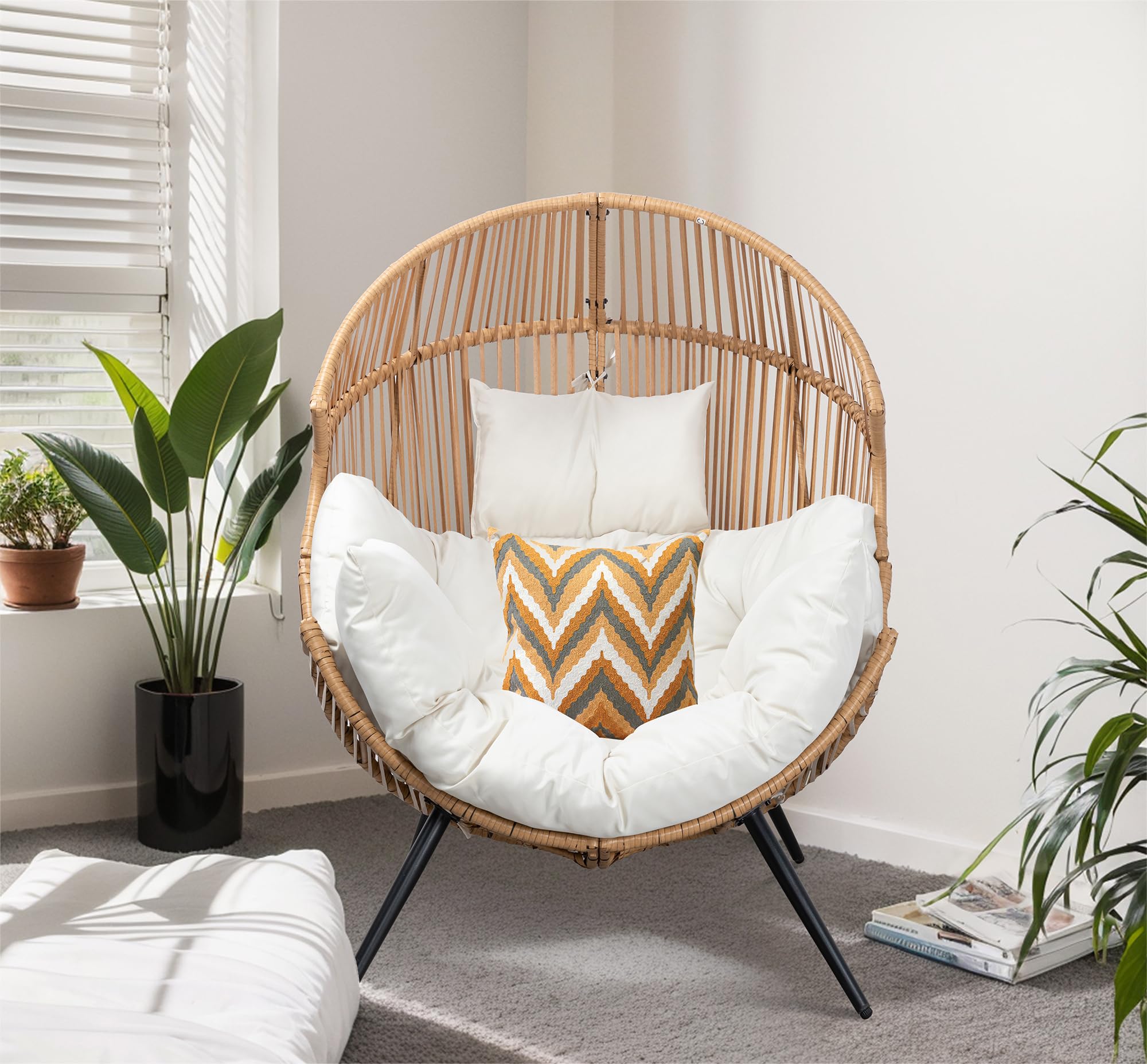 Egg Chair Wicker Outdoor Chairs, Oversized Patio Lounger with Cushion for Indoor Living Room, Bedroom, Backyard, Balcony, Beige