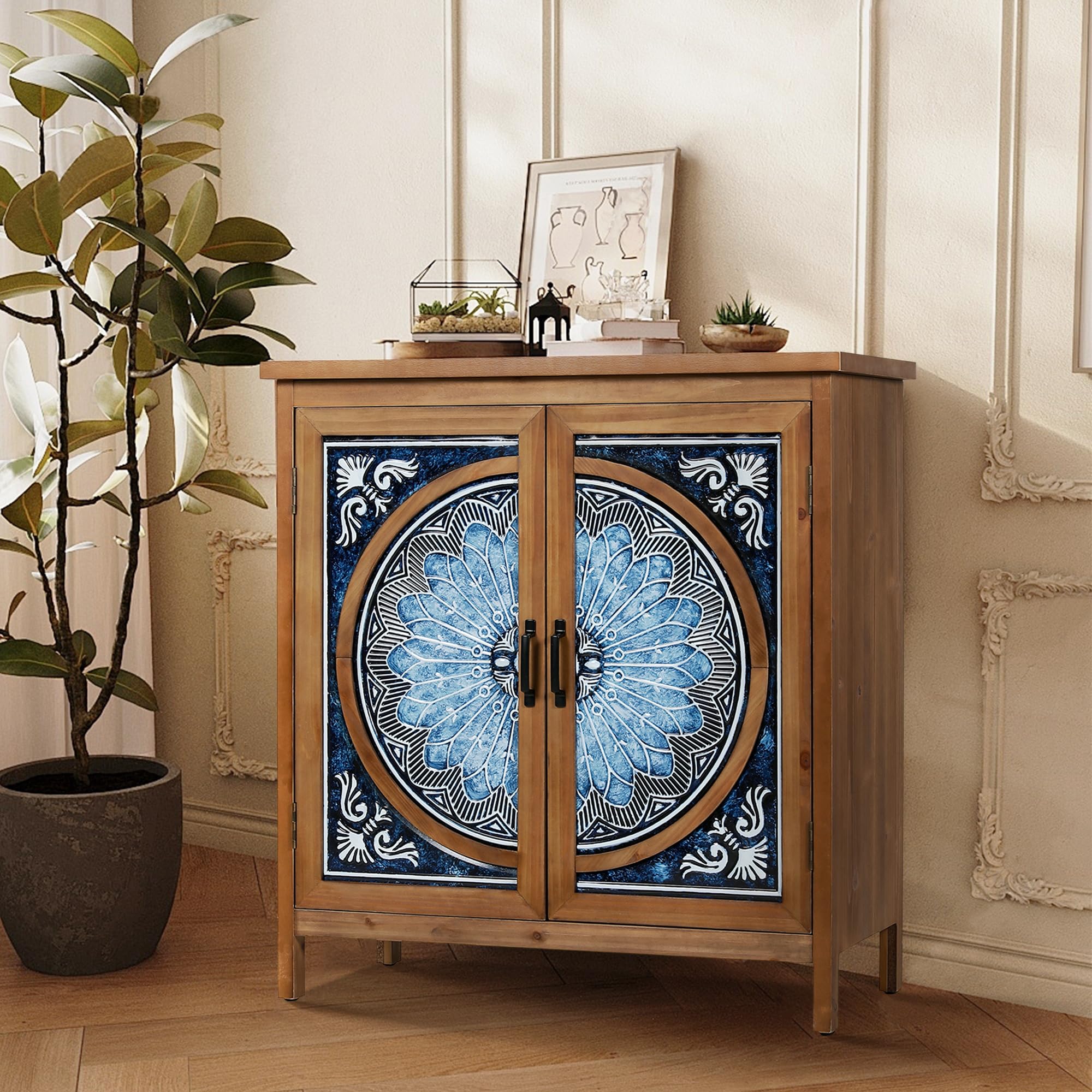 2-Door Accent Cabinet, Distressed Storage Cabinet with Blue and White Porcelain Pattern for Entryway Living Room