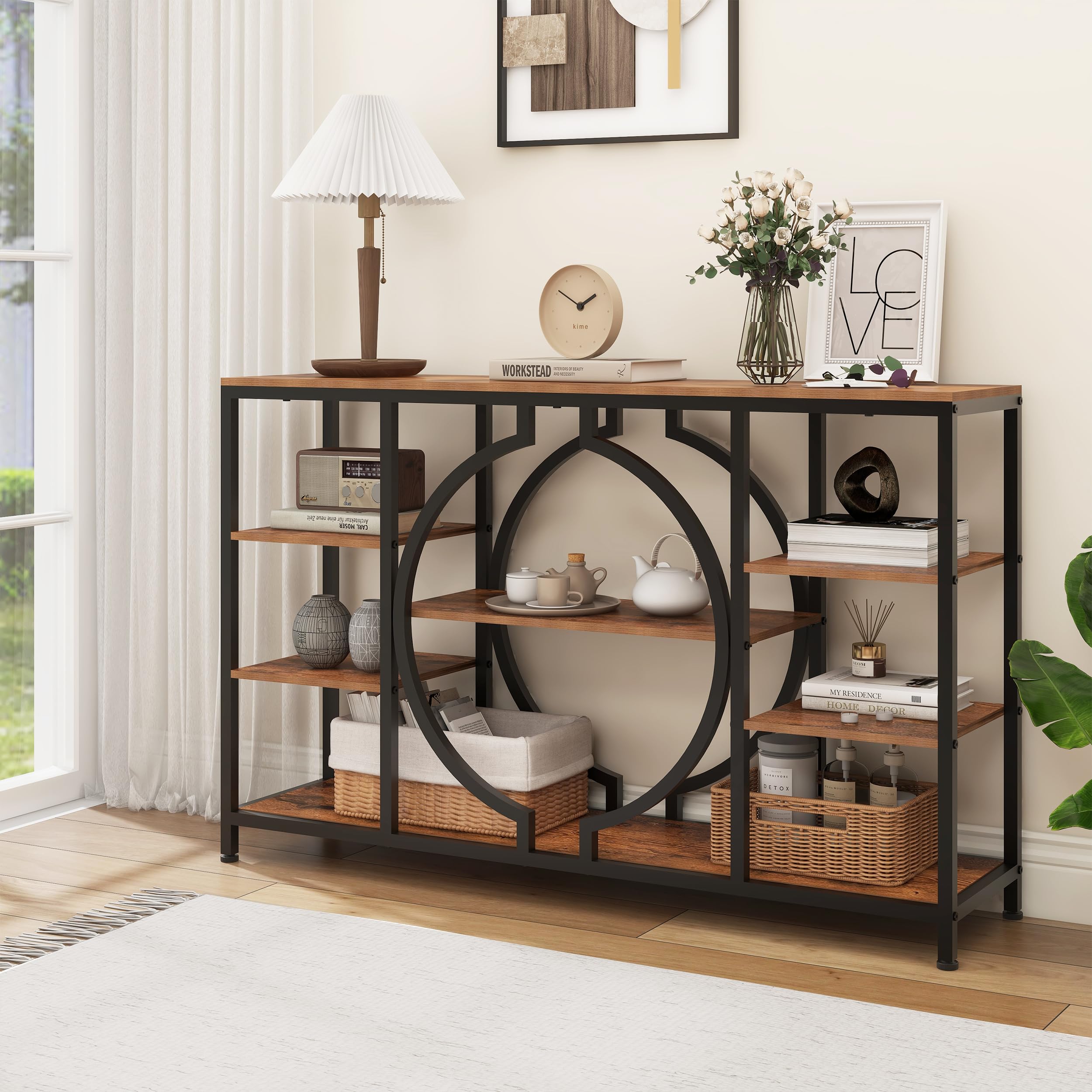 47" Industrial Console Table, 4-Tier Rustic Entryway Table with Storage, Wooden Sofa Table for Hallway, Foyer, Living Room, Rustic Brown