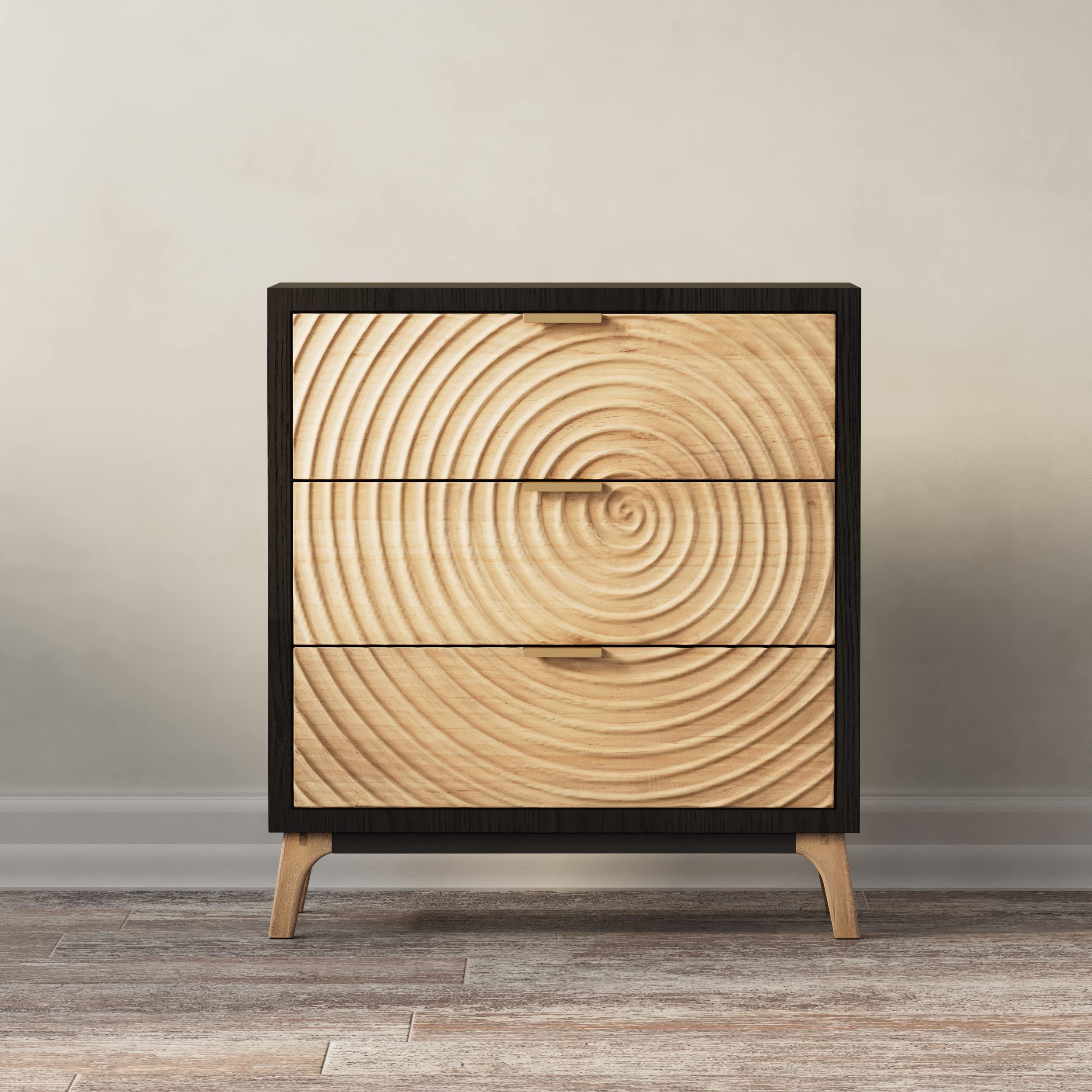 3-Drawer Farmhouse Dresser with Handcrafted Wood Ring Motif, Black Nightstand for Bedroom, Fully-Assembled, Rustic and Morden