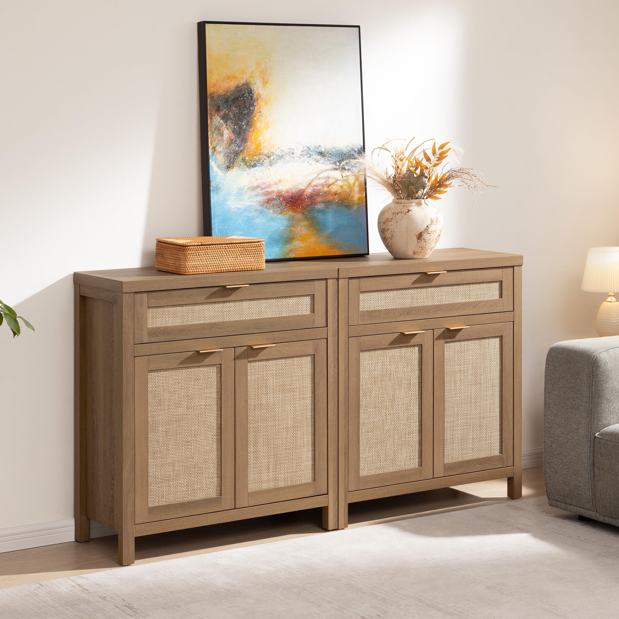 Sideboard Buffet Cabinet Set of 2, Rattan Credenza Storage Cabinet, Boho Buffet Table Console Cabinets with Drawer, Farmhouse Coffee Bar