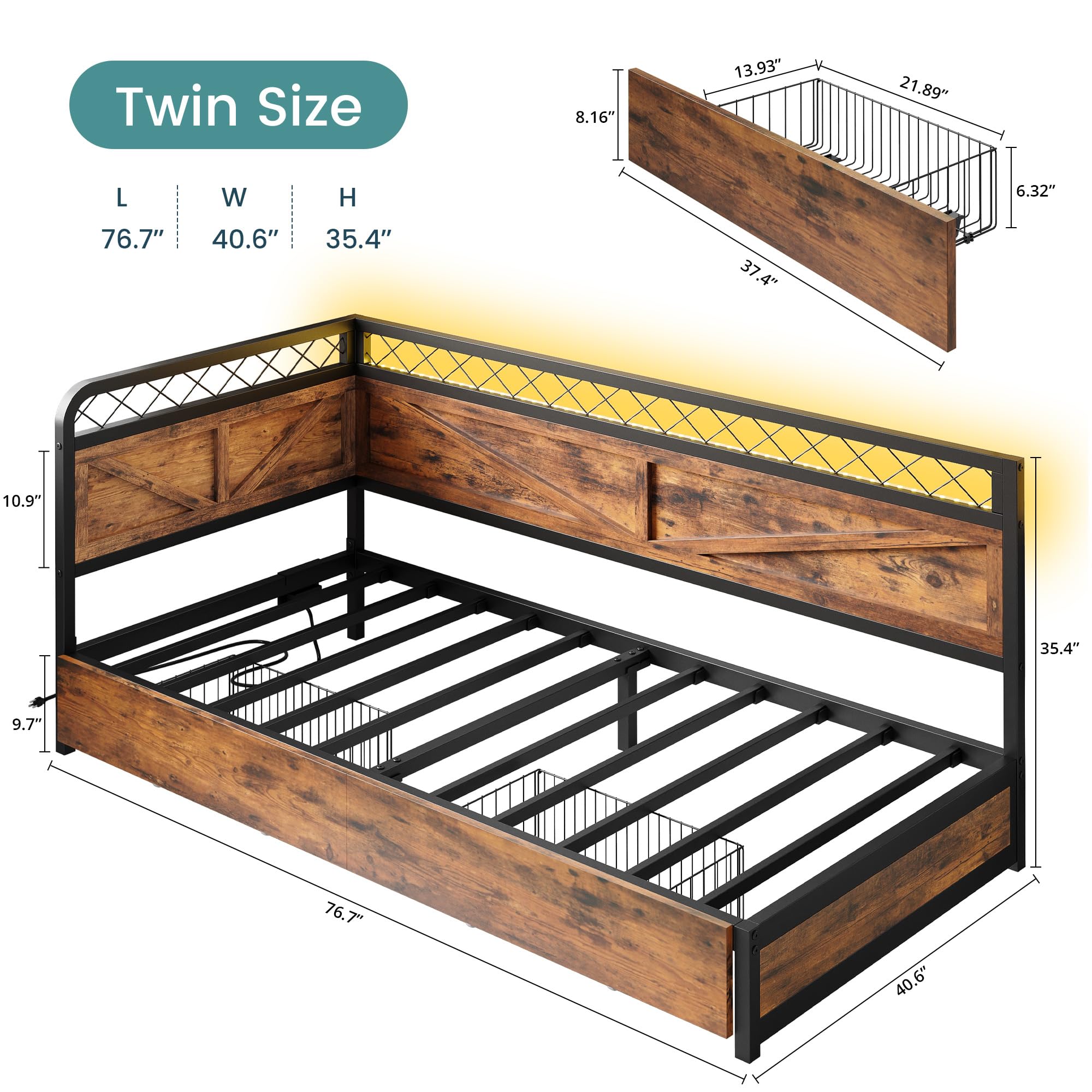Twin Daybed with Storage Drawers, Corner Bed Frame with LED Lights and Charging Station for Living Room, Bedroom and Guest Room, Industrial Brown