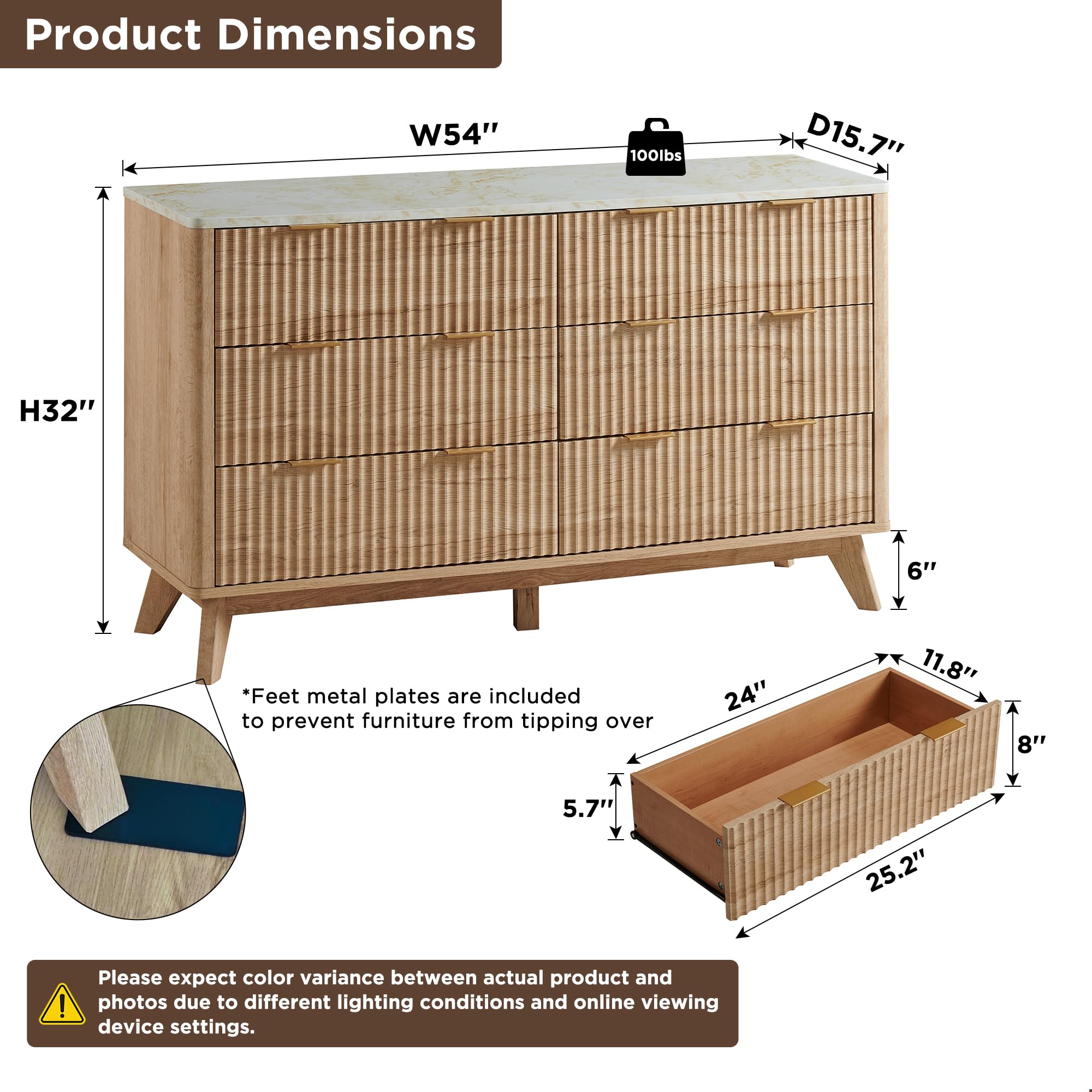 Fluted 6-Drawer Dresser, 54" Wide Modern Chest with Faux Marble Top & Curved Design, Dresser TV Stand for Bedroom, Living Room, Natural Oak