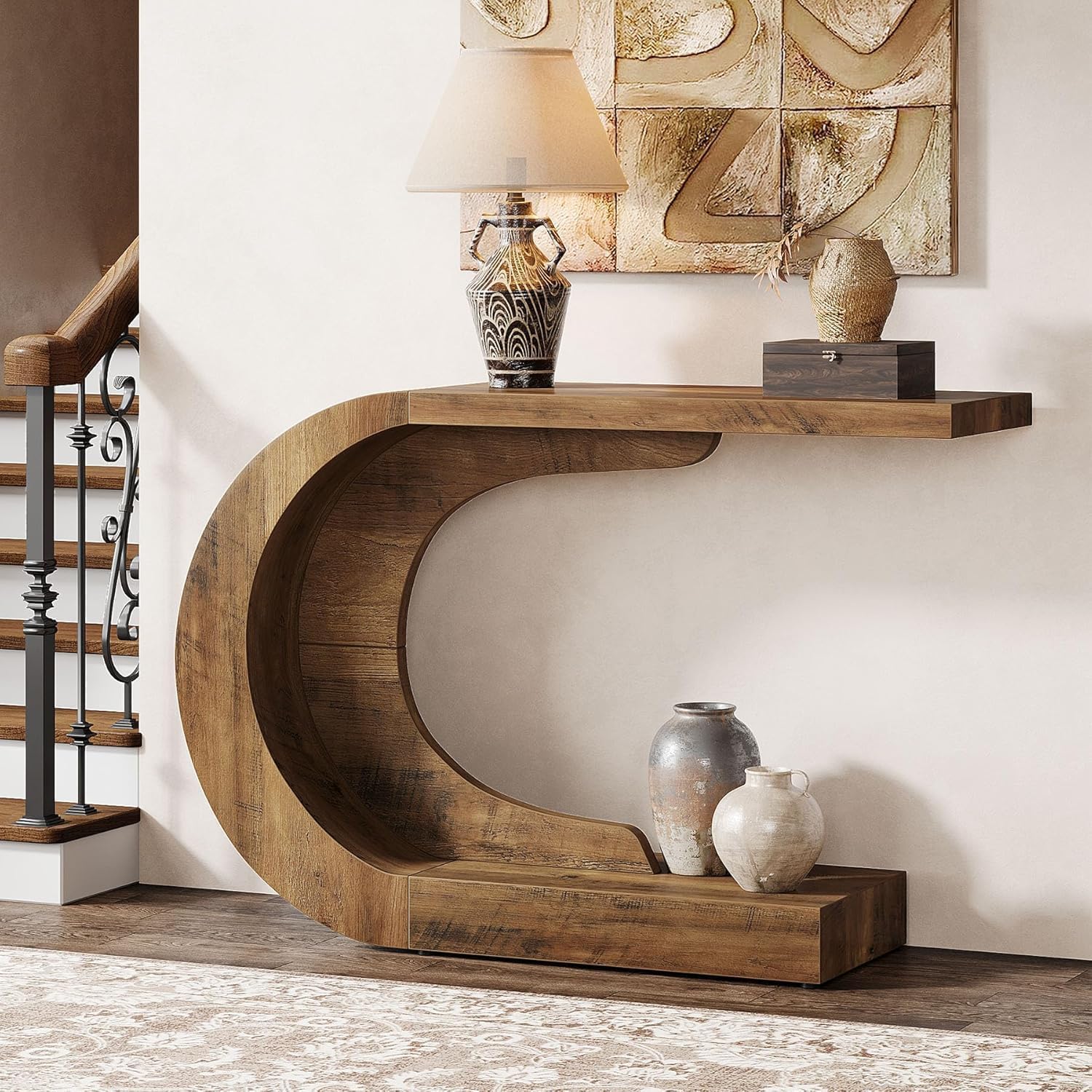 43.3" Mid-Century Modern Console Table for Entryway, Wood C-Shaped Hallway Entry Accent Table for Living Room, Entrance, Foyer, Easy Assembly, Brown