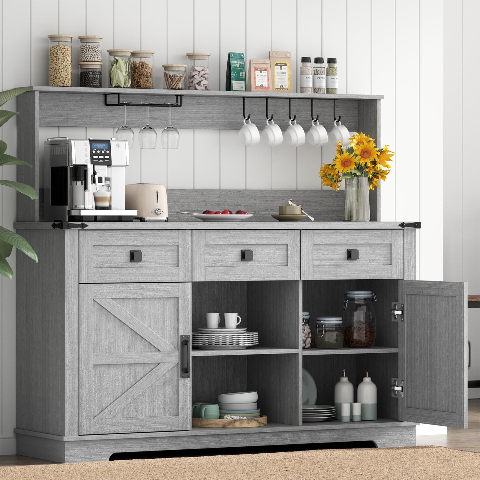 Farmhouse Bar Cabinet with Hutch, Kitchen Buffet Cabinet with Storage Cabinet & 3 Sliding Drawers, Adjustable Shelf, Goblet Holder, Cup