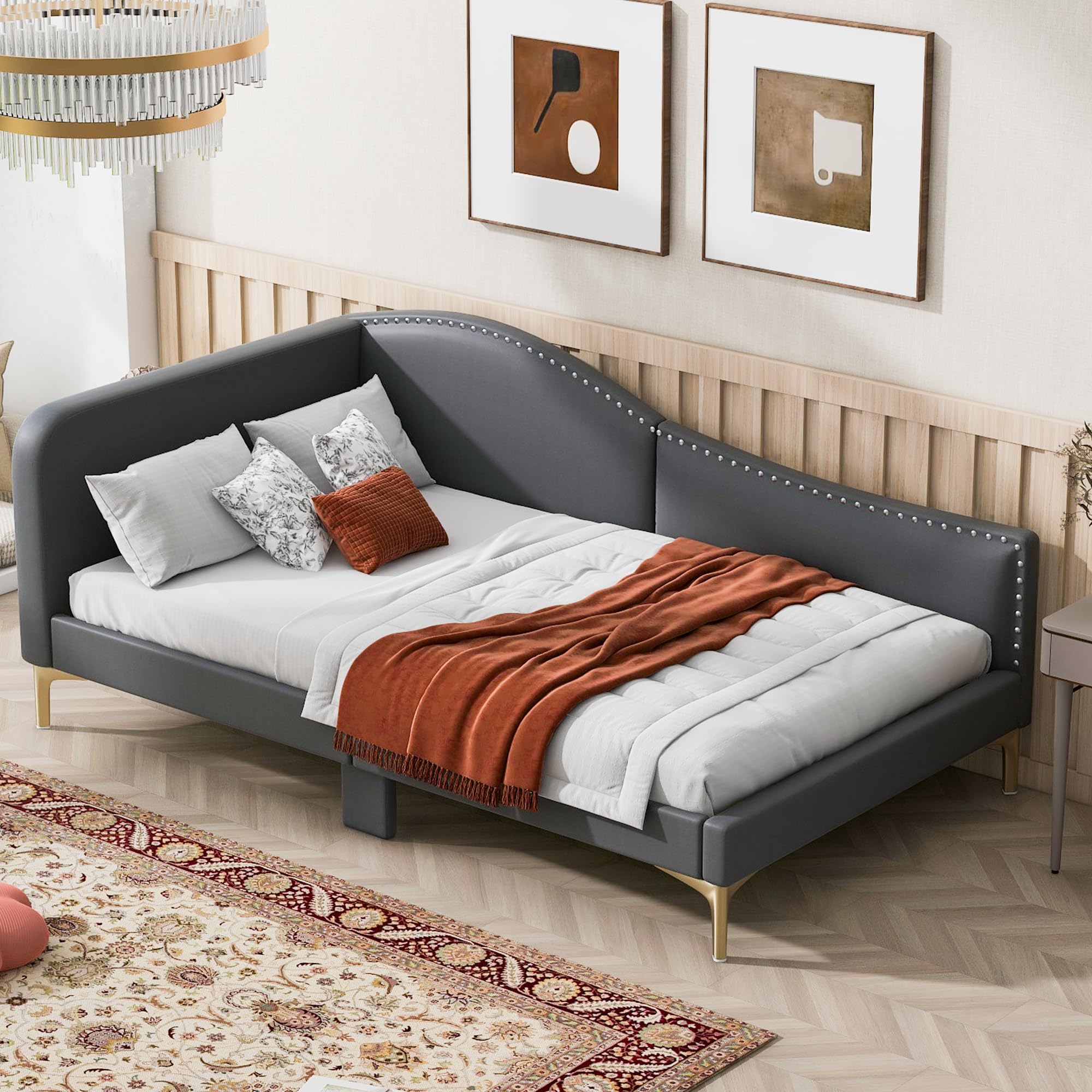 Furni Hub Twin Size Upholstered Daybed with Headboard and Armrest, Grey Bed Frame with Support Legs