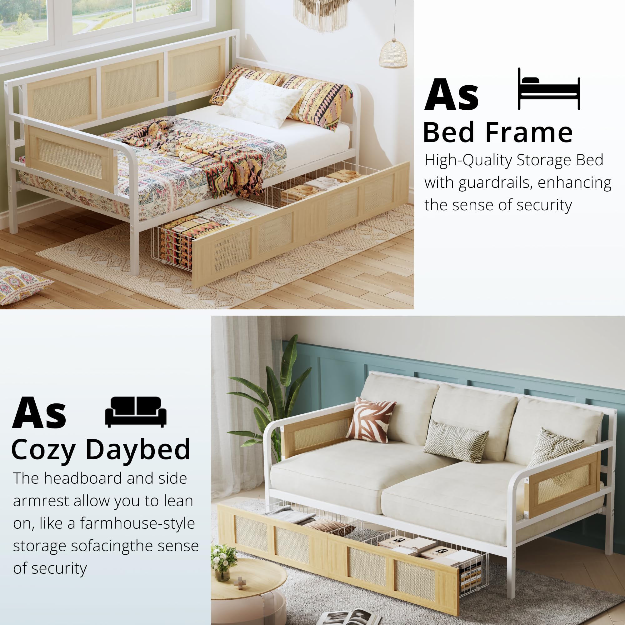 Twin Daybed with Storage Drawers, Rattan Style Corner Bed Frame with Strong Supports for Bedroom, Living Room, Guest Room