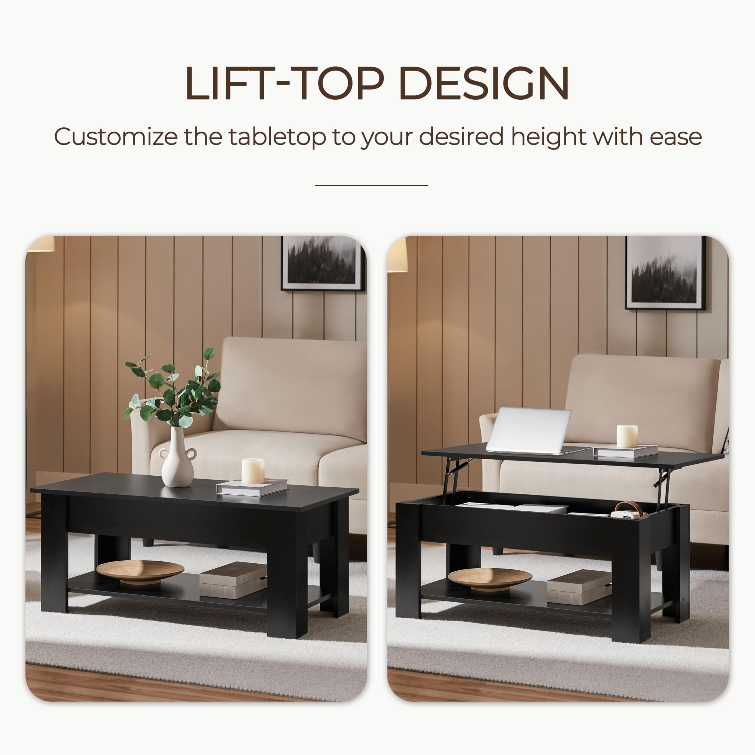 Wooden Coffee Table, Lift Top Coffee Table with Large Hidden Storage Shelf, Lift Tabletop Dining Tables for Living Room, Home Small Space, 3