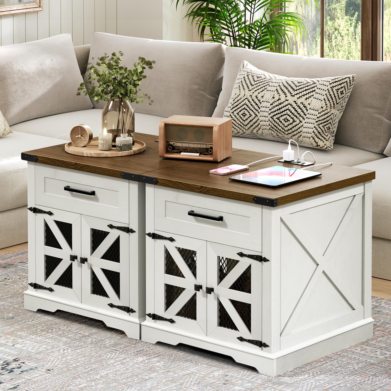 Set of 2 White Farmhouse End Tables, 24" Large Side Tables with Drawer & Charging Station, Square Wooden Nightstands, White & Walnut