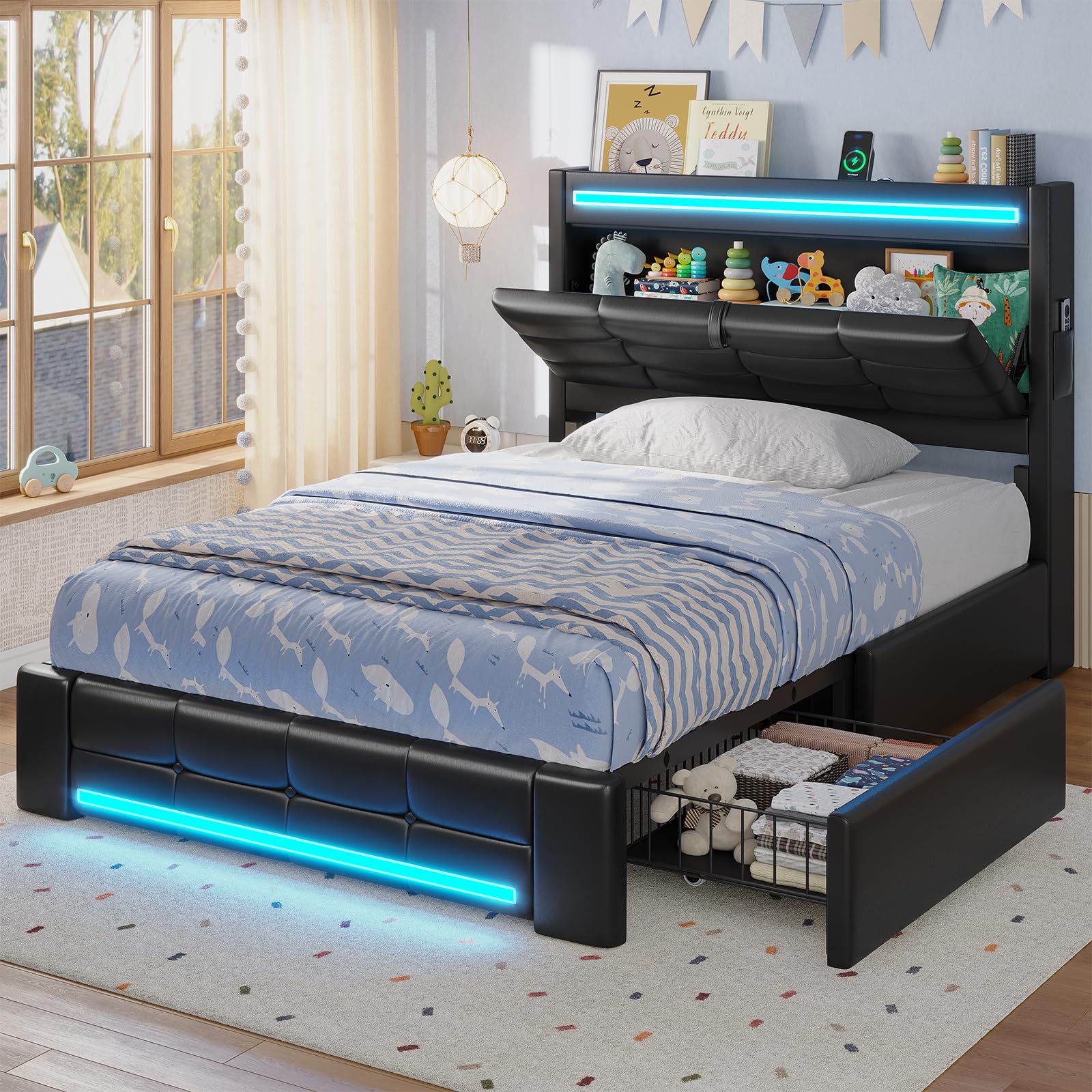 Twin Upholstered Bed Frame with LED Headboard, 4 Storage Drawers, Charging Station, PU Leather Platform Bed for Kids – Black