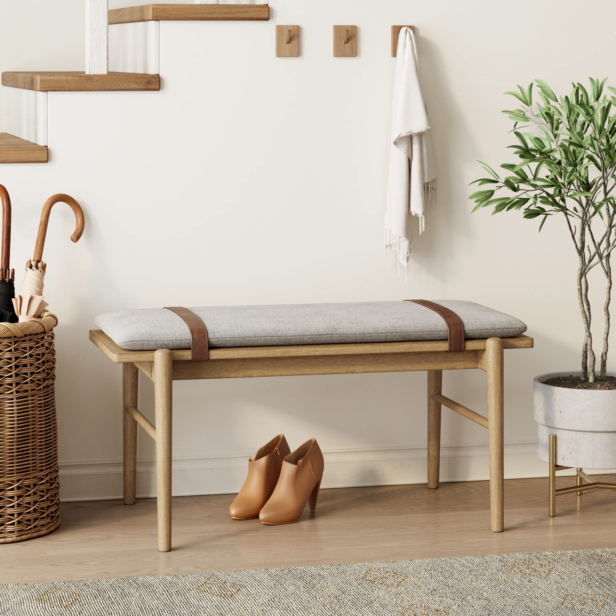 Gugan Mid-Century Wooden Bench Seat, End of Bed Bench with Removable Fabric Cushion for Indoor Dining Room, Bedroom and Entryway, Light Brown/Ivory