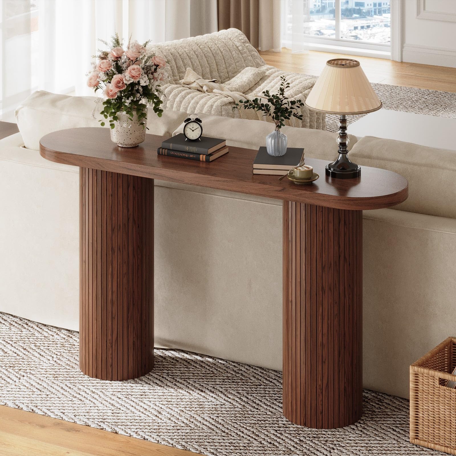 55 Inch Fluted Entryway Table, Wood Console Table, Couch Tables Behind Sofa, Farmhouse Style, Modern Sofa Stand for Entrance Hallway Living Room Foyer (Walnut)