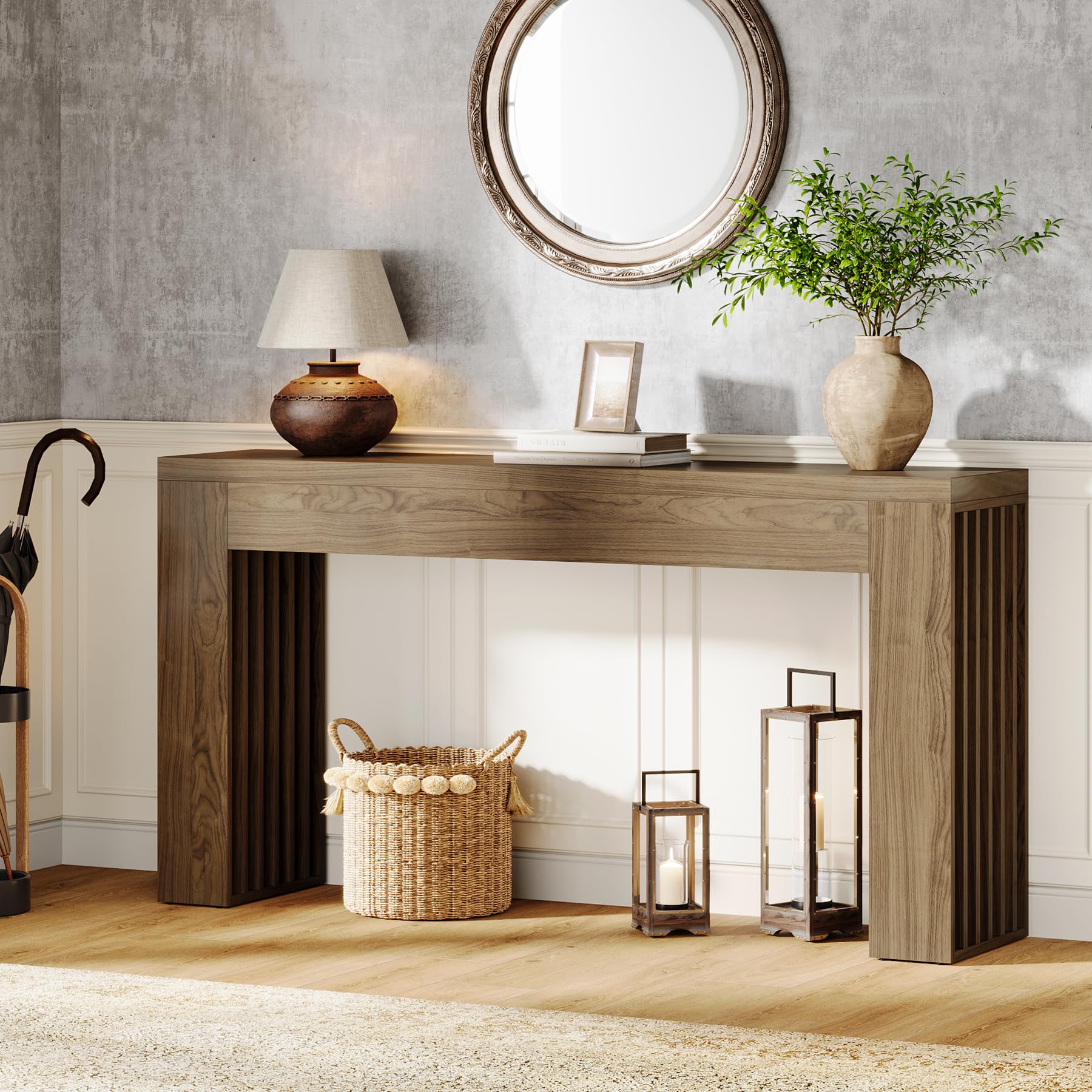 59-Inch Long Wooden Console Sofa Table Behind Couch with Vertical Slat Legs, Entryway Table for Hallway, Entrance, Living Room, Rustic Brown