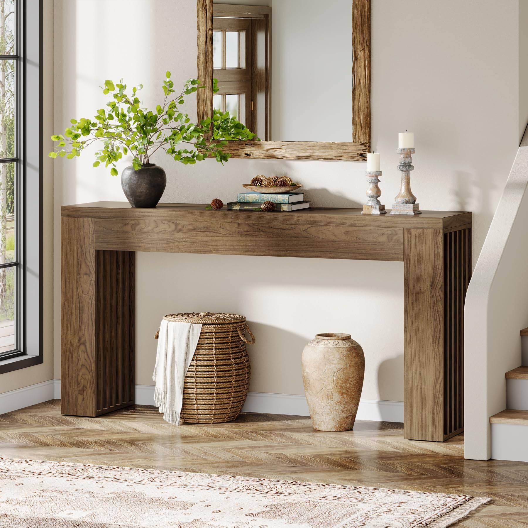 59-Inch Long Wooden Console Sofa Table Behind Couch with Vertical Slat Legs, Entryway Table for Hallway, Entrance, Living Room, Rustic Brown