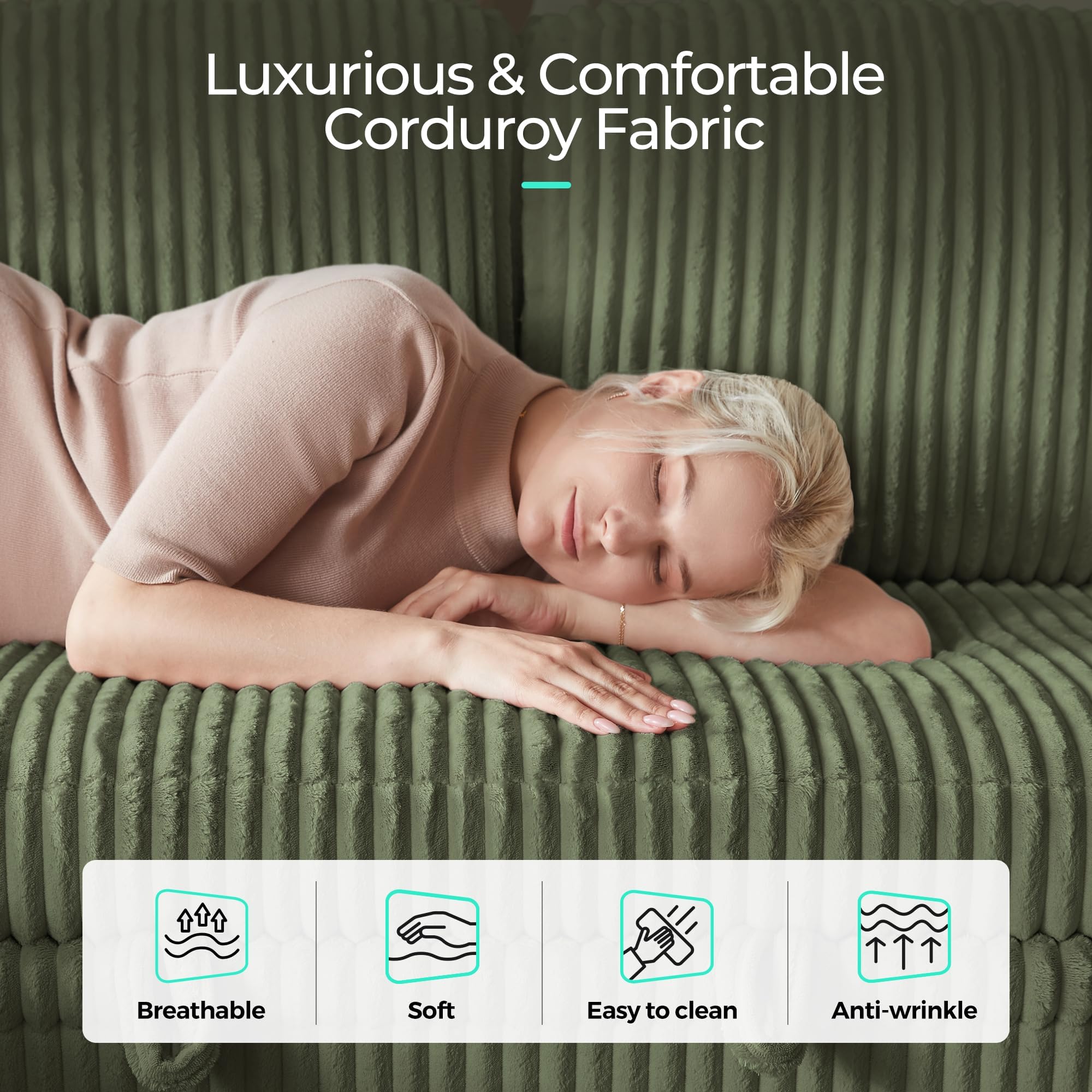 Convertible Sectional Sleeper Sofa with Pull-Out Bed, Corduroy Couch with Storage Chaise & USB Port, L-Shaped Sofa for Living Room, Green