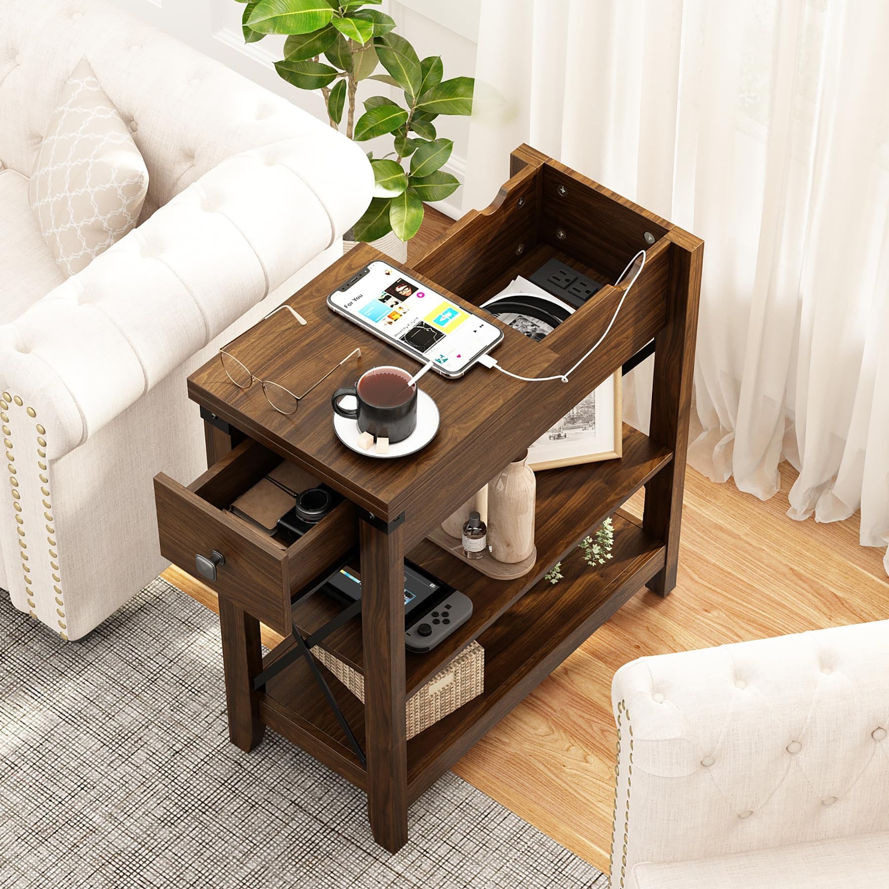 Set of 2 Narrow End Tables with Charging Station, USB Ports & Outlets, Farmhouse Slim Nightstands with Flip Top Drawer, Walnut Finish