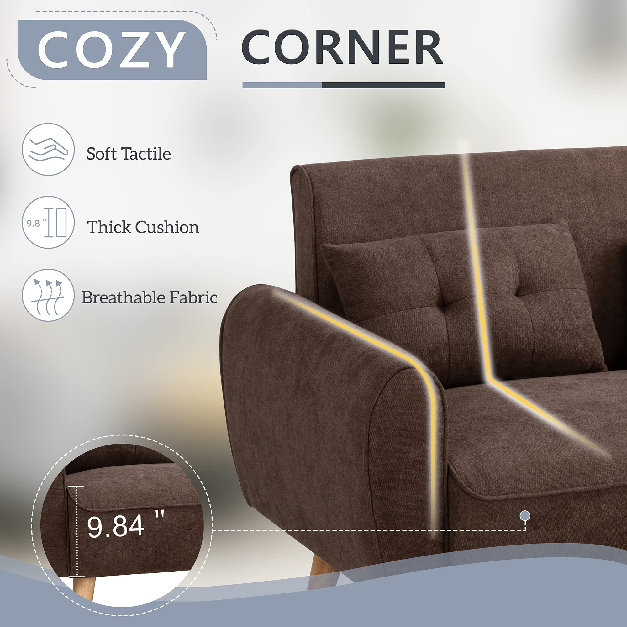 Small Modern Loveseat Sofa, Mid-Century Fabric Upholstered 2-Seat Couch with 2 Pillows for Living Room, Studio, Apartment, Brown