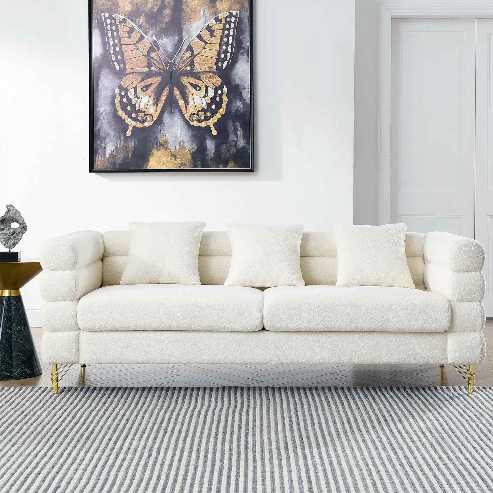 81" Modern Sofa Couch, Teddy Bouclé Oversized 3-Seater Loveseat with Deep Seats, Gold Legs & Pillows, for Living Room, Bedroom, White