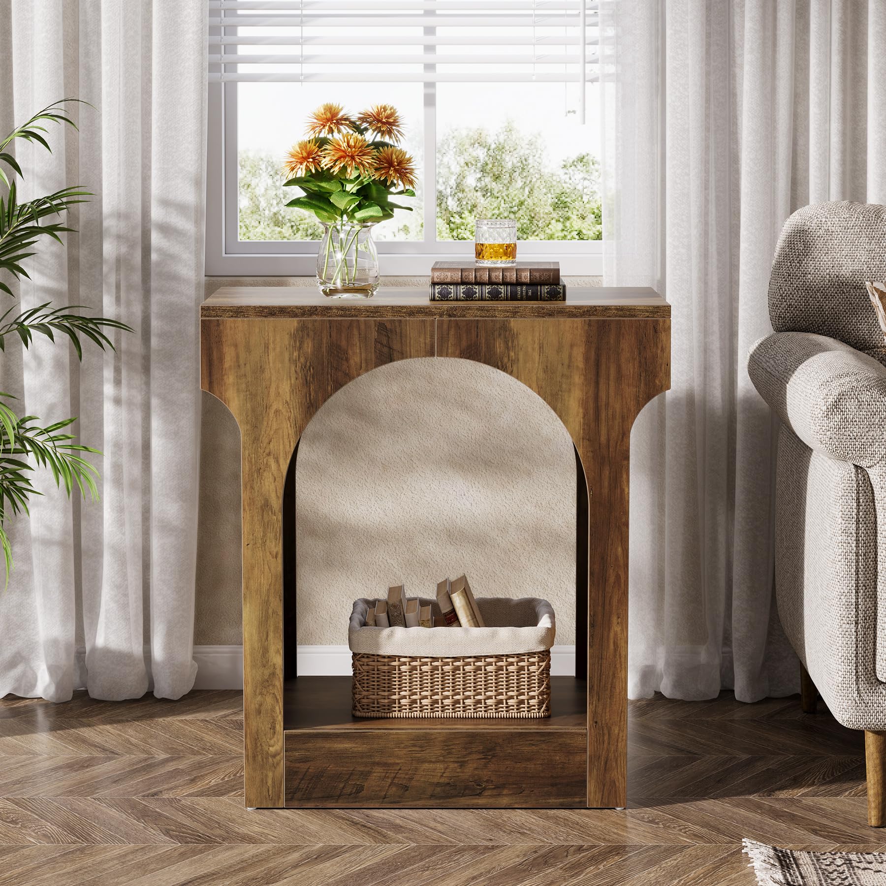 Wood End Table Set of 2, Side Table with Storage Space for Living Room, Narrow Nightstand for Bedroom, Rustic Brown