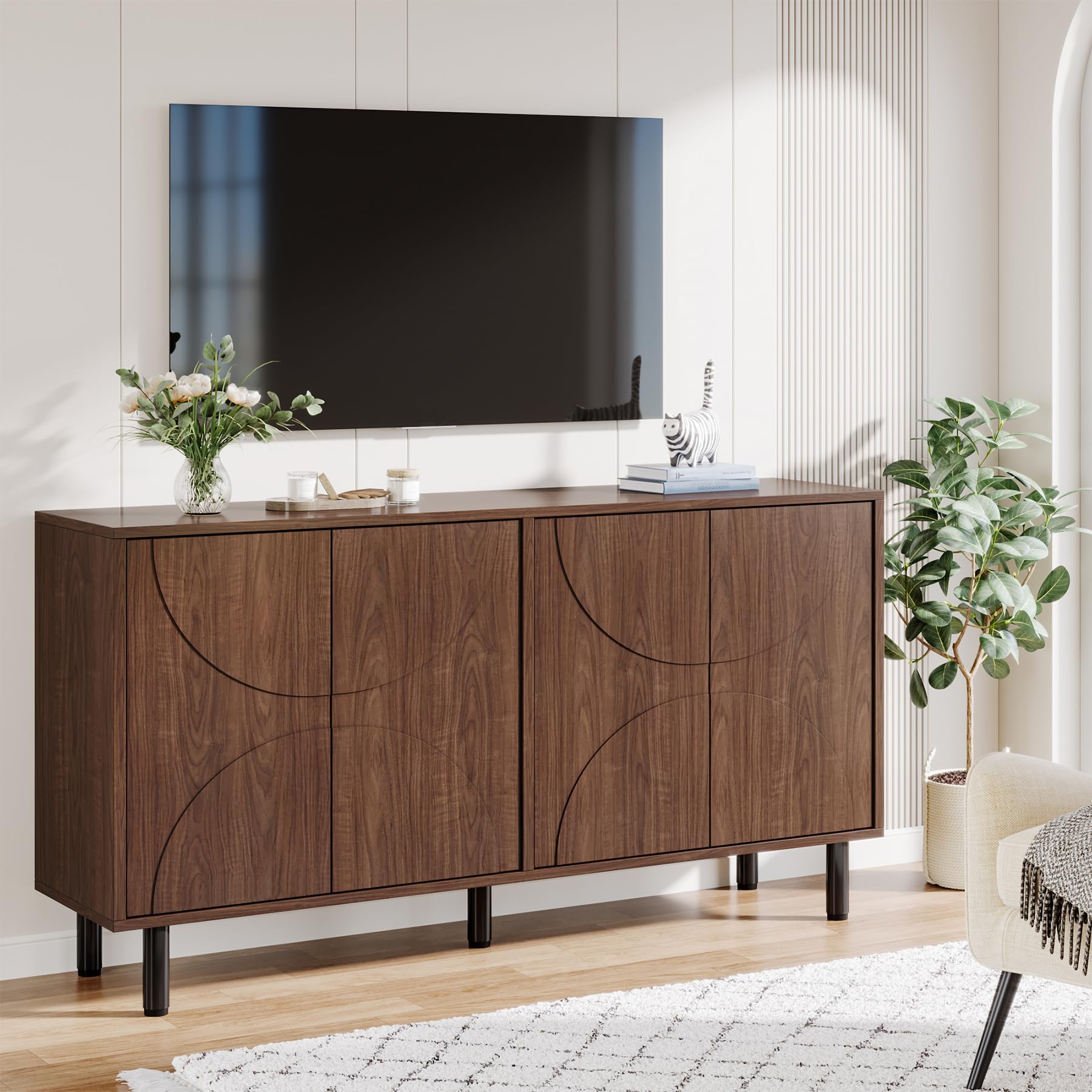 Sideboard Buffet Cabinet with Storage, 55" Mid-Century Modern Credenza Accent Storage Cabinet with 4 Doors and Adjustable Shelves for Dining