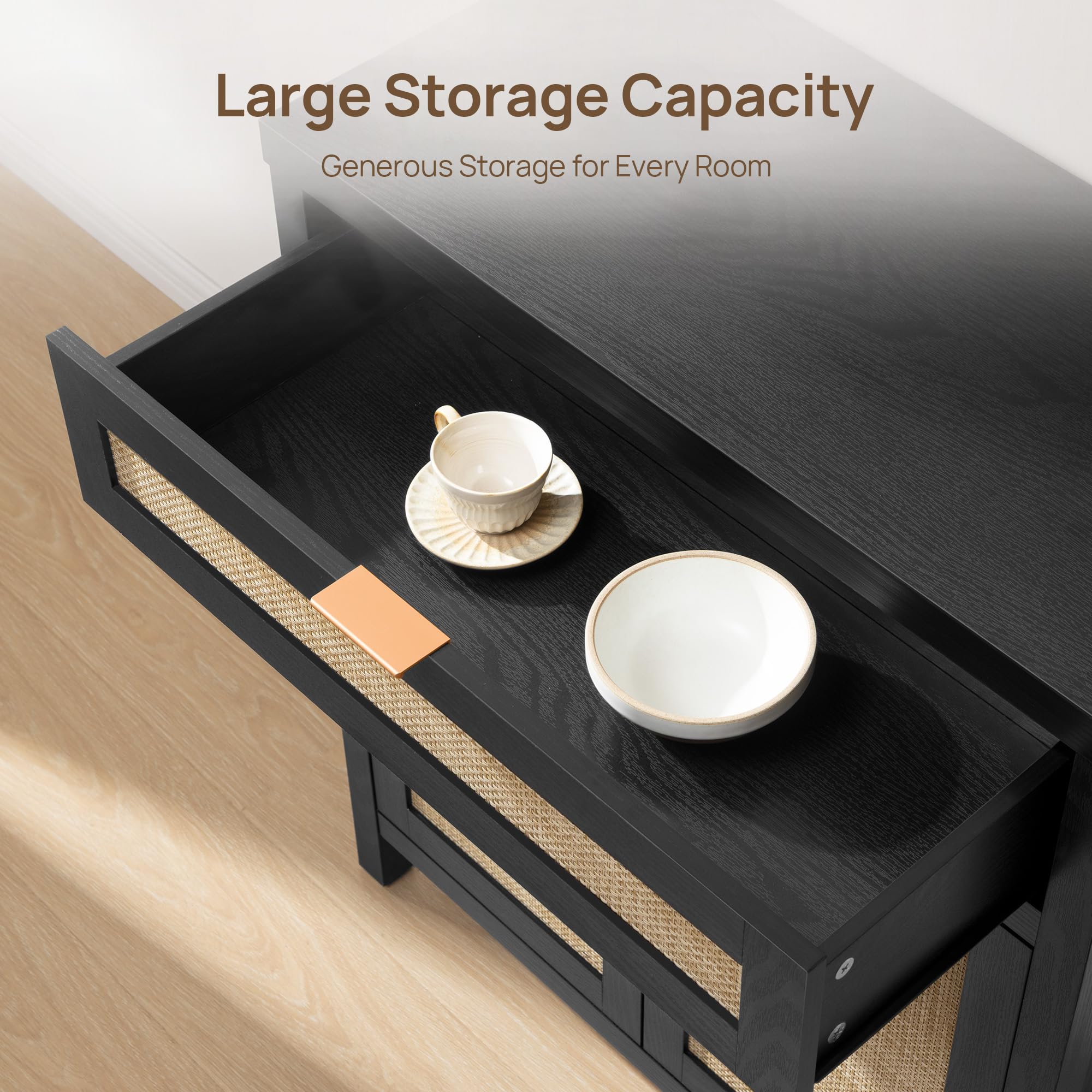 Sideboard Buffet Storage Cabinet Set of 2, Rattan Credenza Buffet Table, Modern Console Accent Cabinet with Doors and Drawer, Coffee Bar