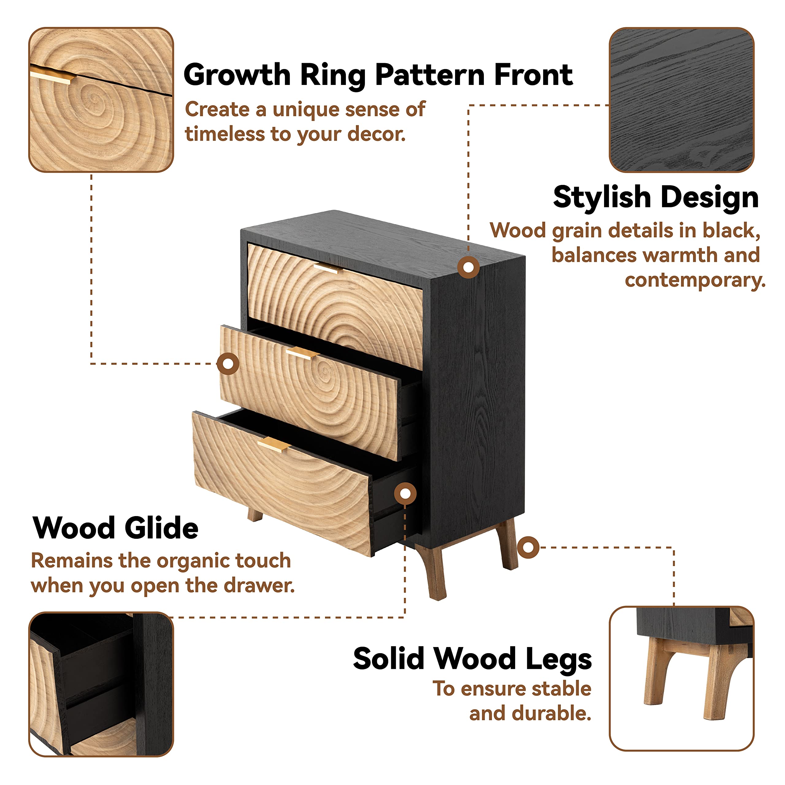 3-Drawer Farmhouse Dresser with Handcrafted Wood Ring Motif, Black Nightstand for Bedroom, Fully-Assembled, Rustic and Morden