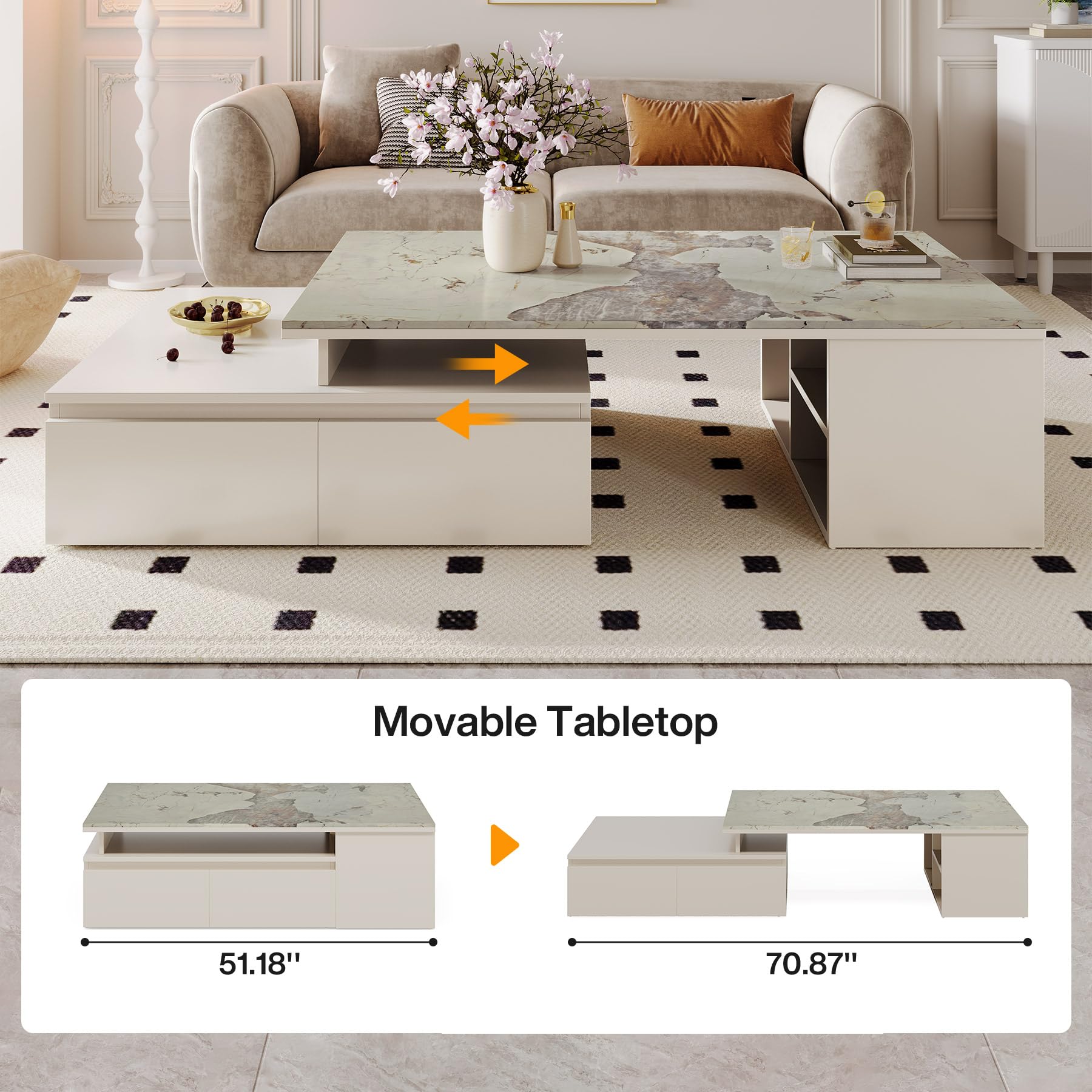 Extendable Tabletop Coffee Table with 4 Drawers & Storage Shelf, Modern from 51-Inch to 71-Inch Center Table for Living Room, Faux Marble Veneer