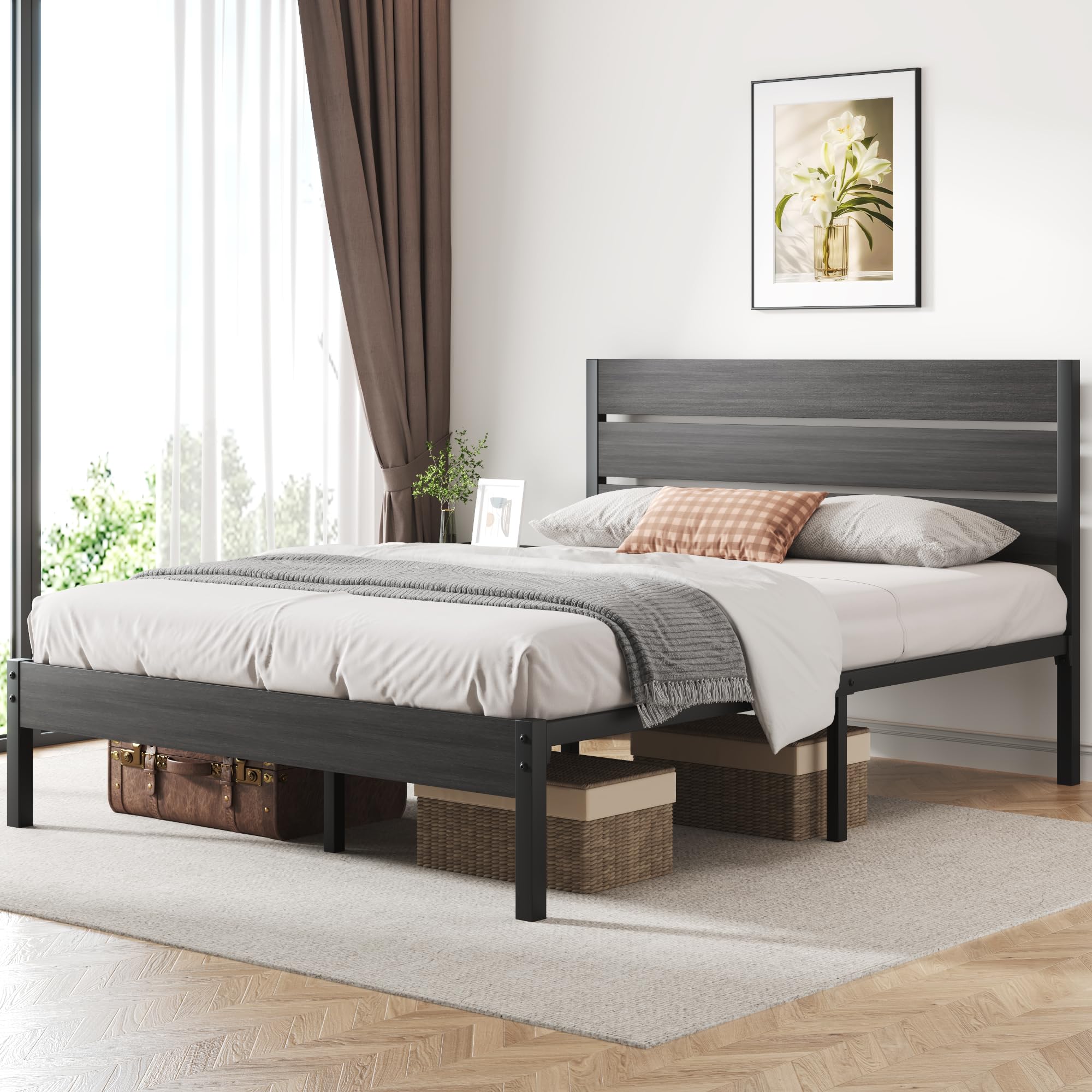 Queen Bed Frame with Headboard and Footboard, Metal Platform Bed Frame with Under Bed Storage, All-Metal Support System, , ,Rustic Grey