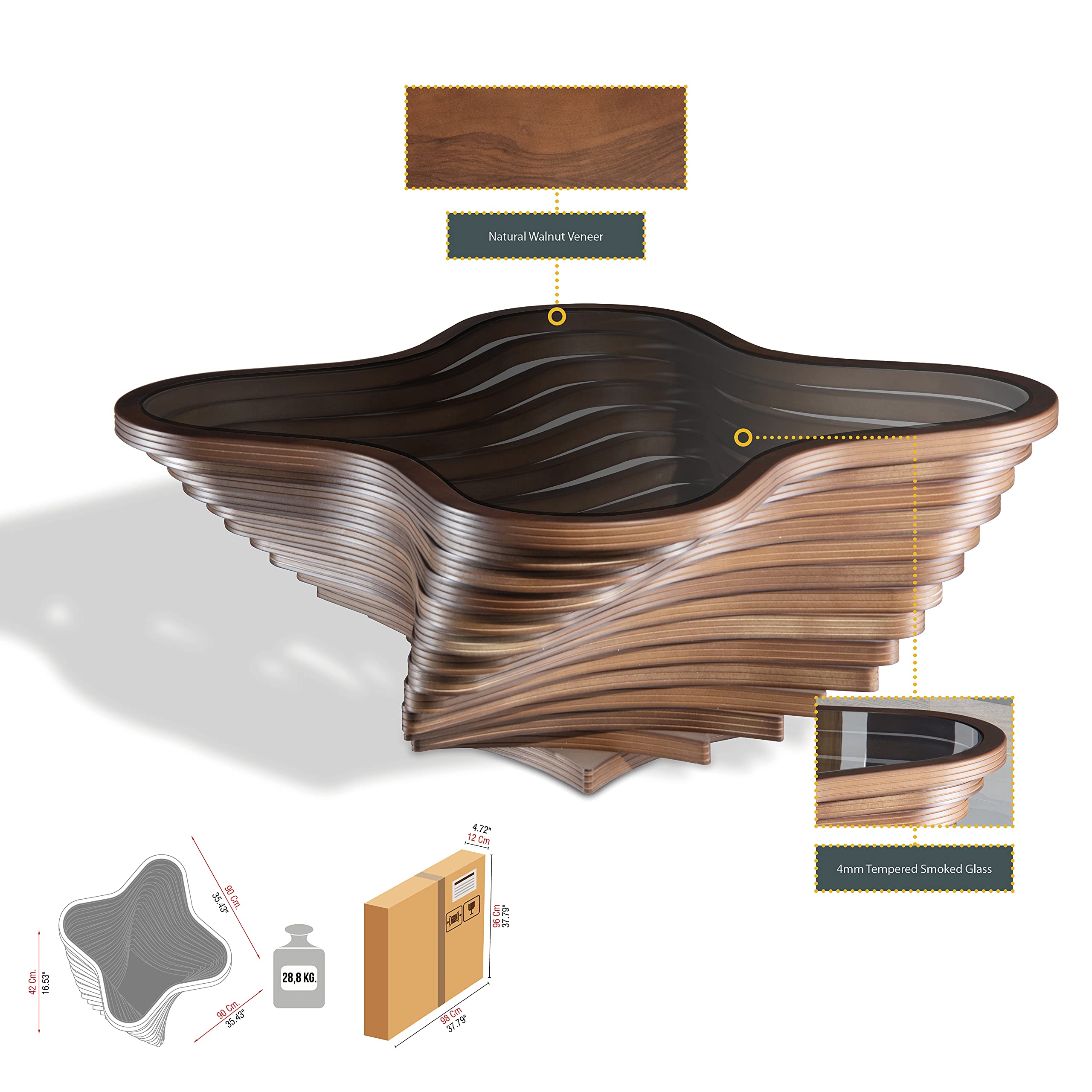 Modern Coffee Table with Tempered Glass Top, Natural Walnut Veneer, Wave Design, Rustic Wood for Living Room, Office, Luxury Decor