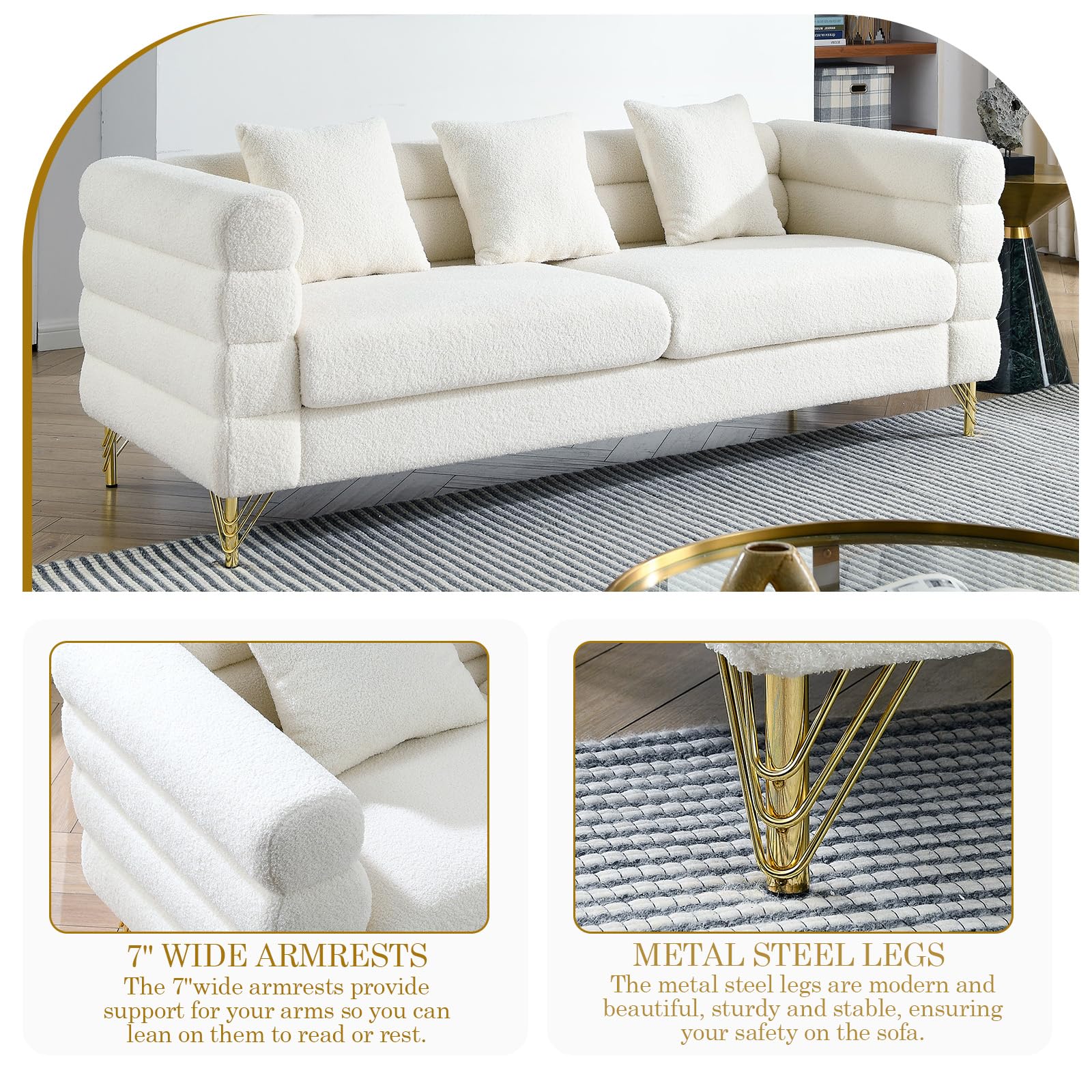81" Modern Sofa Couch, Teddy Bouclé Oversized 3-Seater Loveseat with Deep Seats, Gold Legs & Pillows, for Living Room, Bedroom, White
