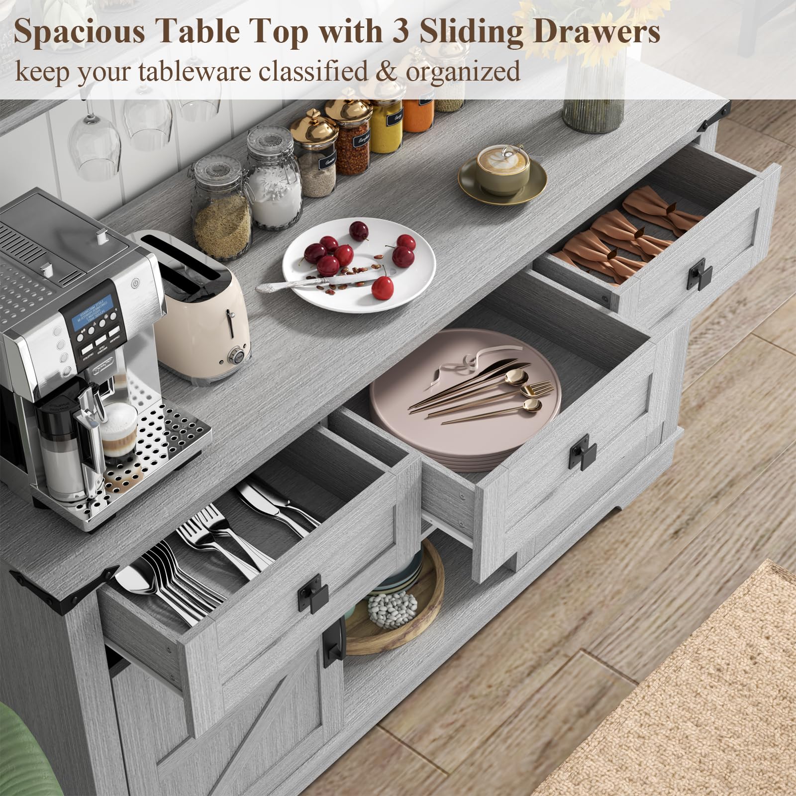 Farmhouse Bar Cabinet with Hutch, Kitchen Buffet Cabinet with Storage Cabinet & 3 Sliding Drawers, Adjustable Shelf, Goblet Holder, Cup