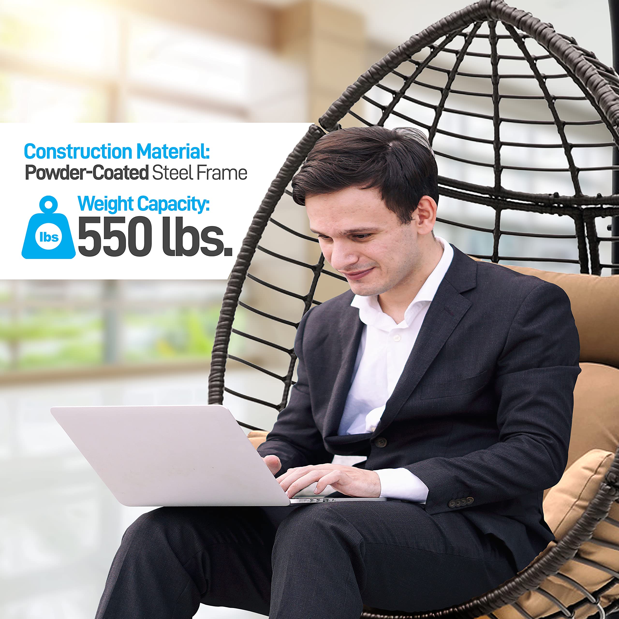 Hanging Wicker Egg Swing Chair with Stand, Indoor Outdoor Rattan Chair with Cushions, 66 lbs Capacity, Powder-Coated Steel Frame, Brown
