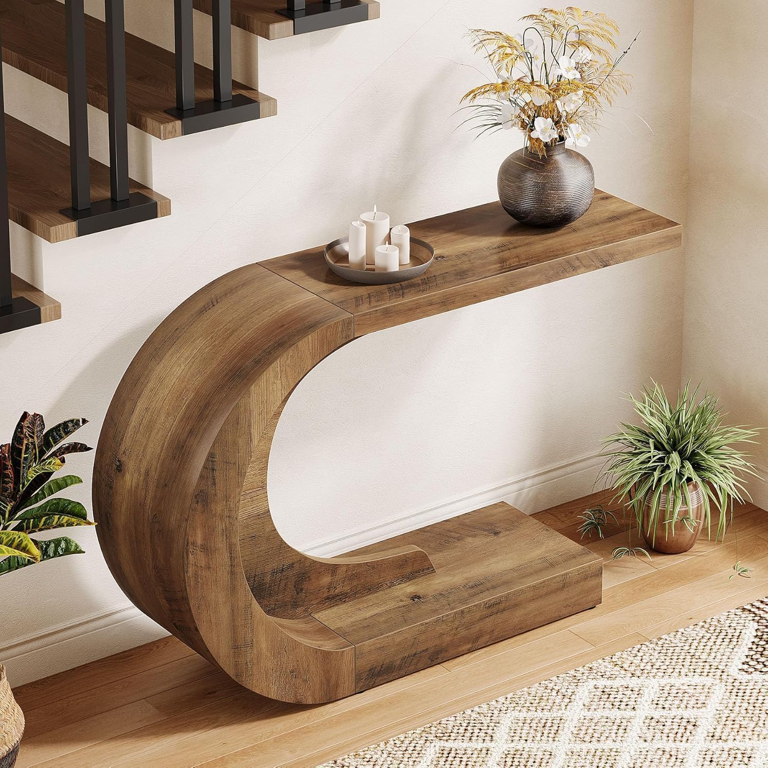 43.3" Mid-Century Modern Console Table for Entryway, Wood C-Shaped Hallway Entry Accent Table for Living Room, Entrance, Foyer, Easy Assembly, Brown