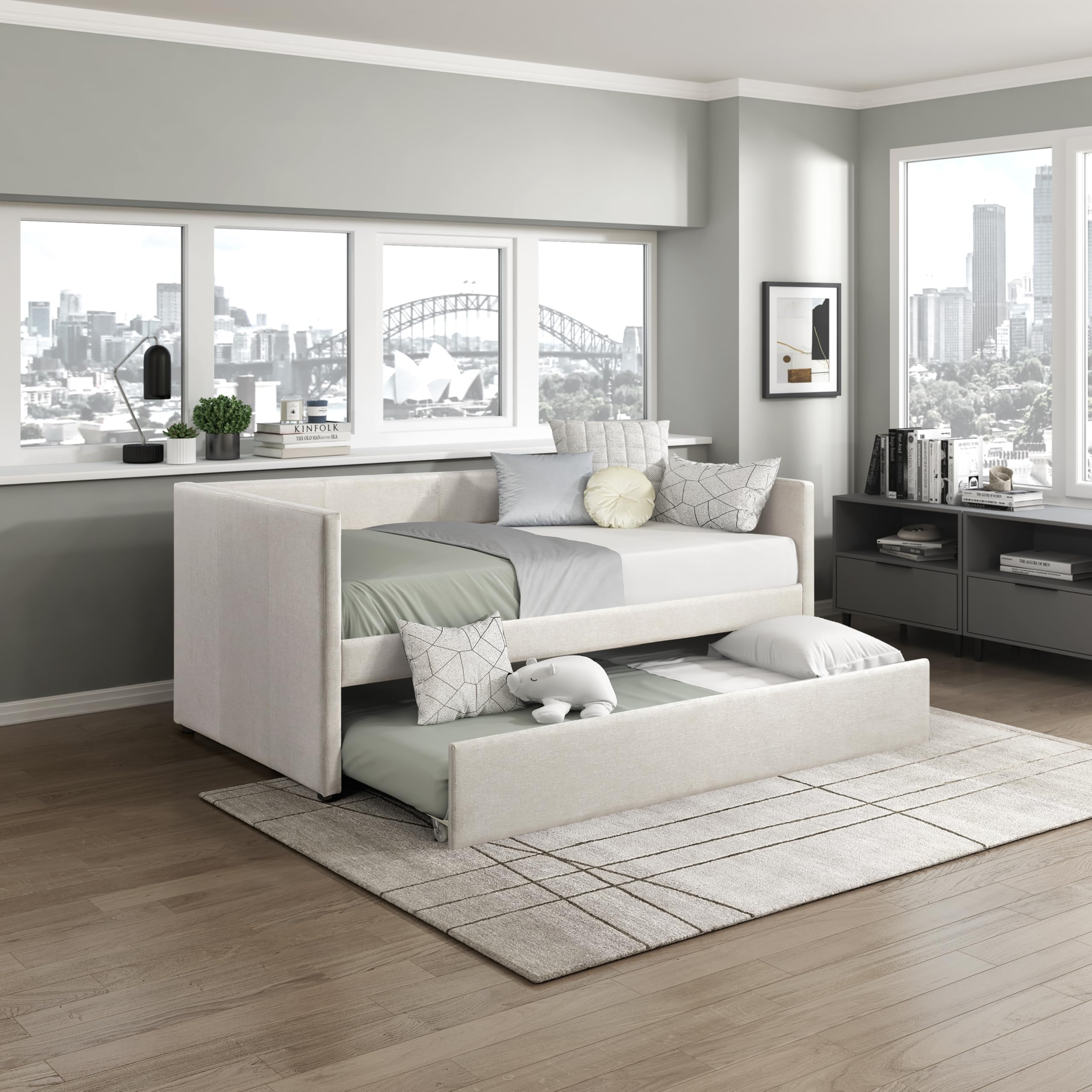 Upholstered Twin Daybed with Trundle, Textured Fabric Sofa Bed with Backrest & Wood Slat Support for Bedroom, Guest Room, Beige