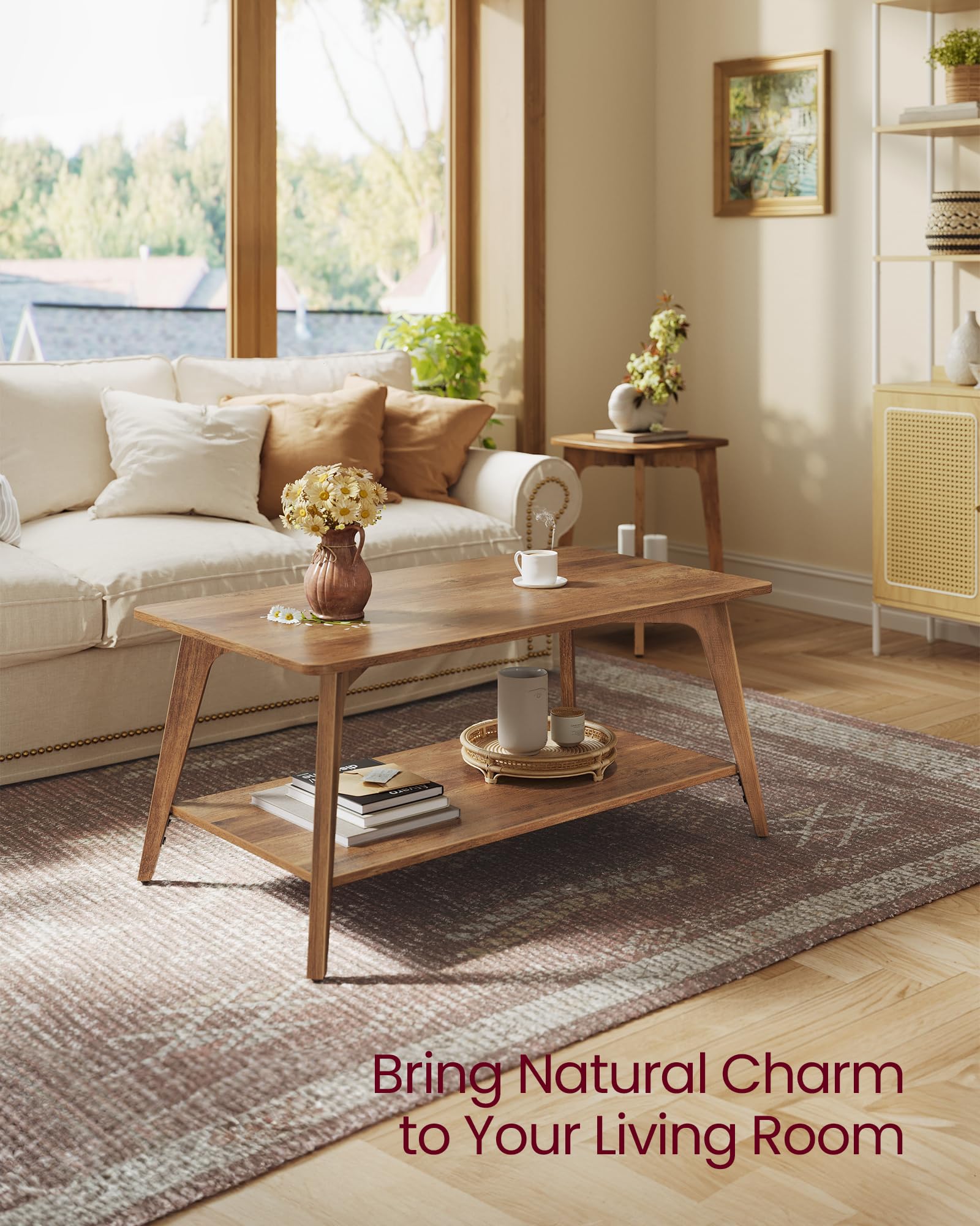 Tier Coffee Table with Storage, Rounded Corners, Easy Assembly, 21.7"x39.4", Center Table for Living Room, Honey Brown