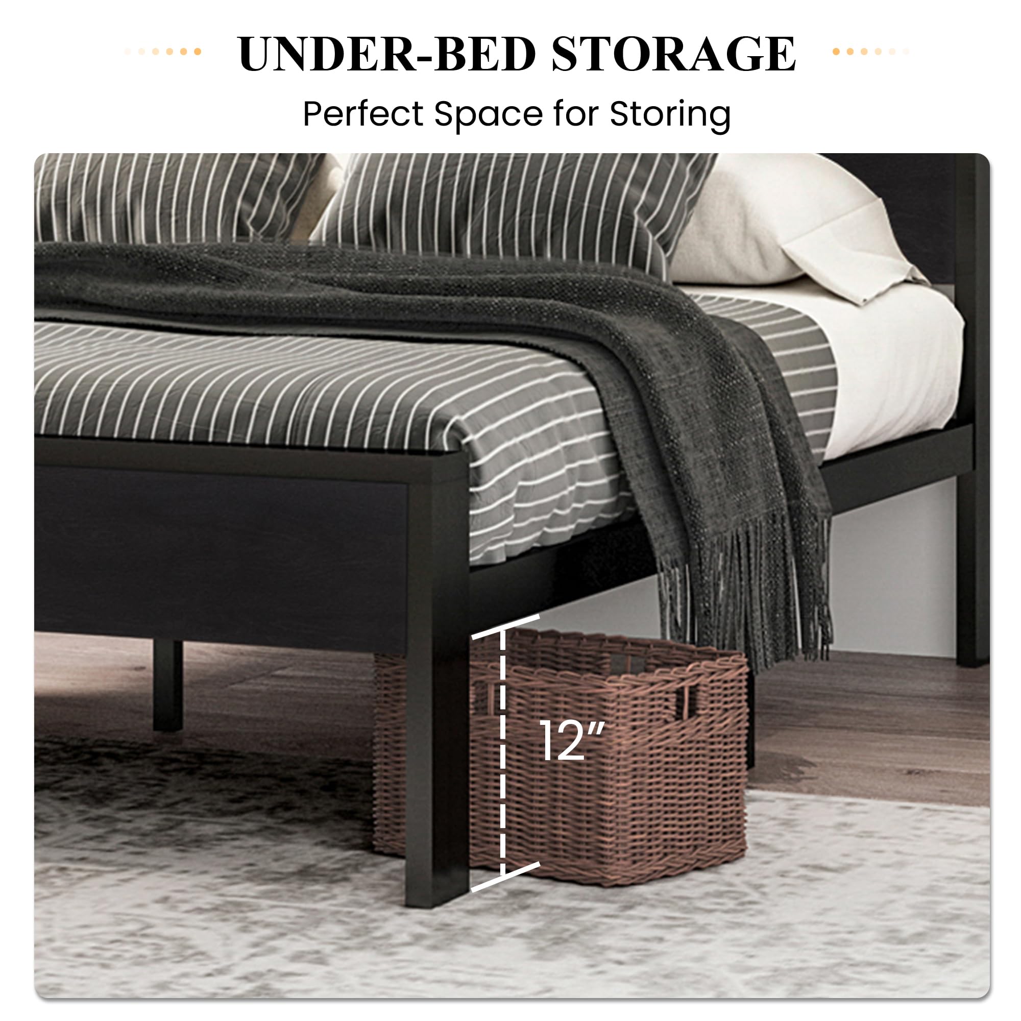 14 Inch Full Size Metal  with Wooden Headboard and Footboard, , , Large Under Bed Storage, Non-Slip Without Noise, Black Oak